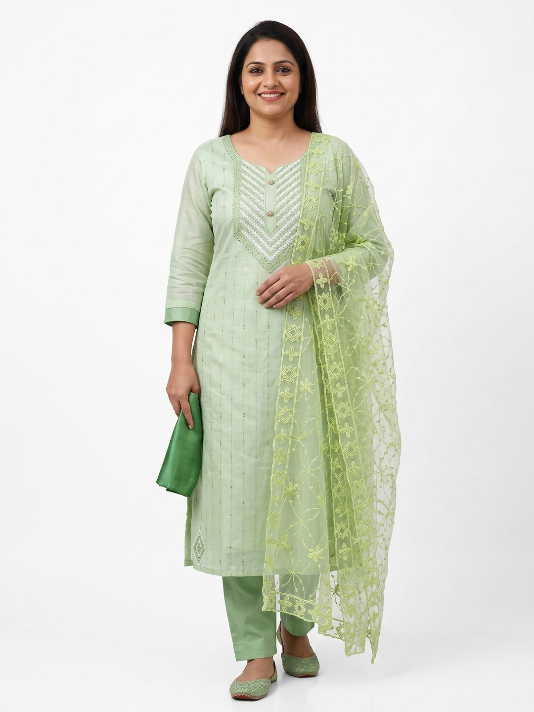 Shimmering Green Sequins Embroidered Chander Cotton Suit Material - Image 1