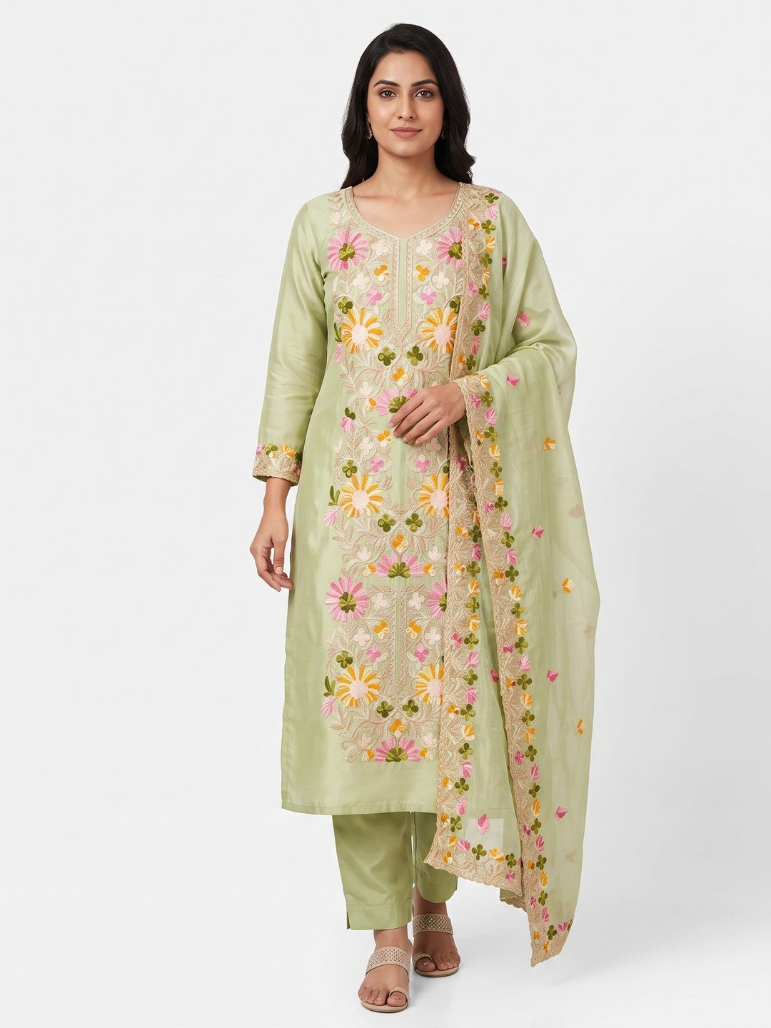 Pista Green Designer Roman Art Silk Dress Material Adorned With Floral Thread Embroidery Work - Image 1
