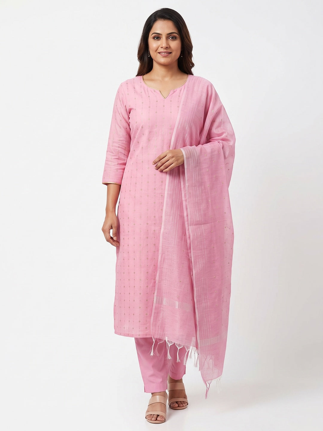 Fresh Pink Woven Poly Cotton Blend Dress Material - Image 1