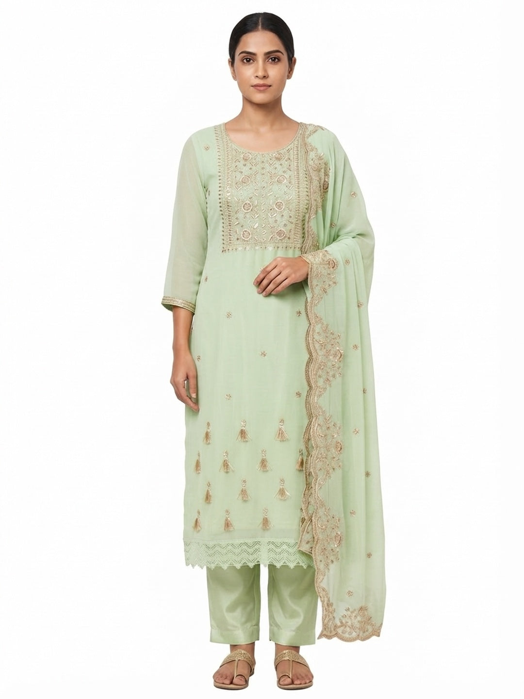 Green Georgette Dress Material With Intricate Floral Zari Embroidery & Sequins Work - Flat lay