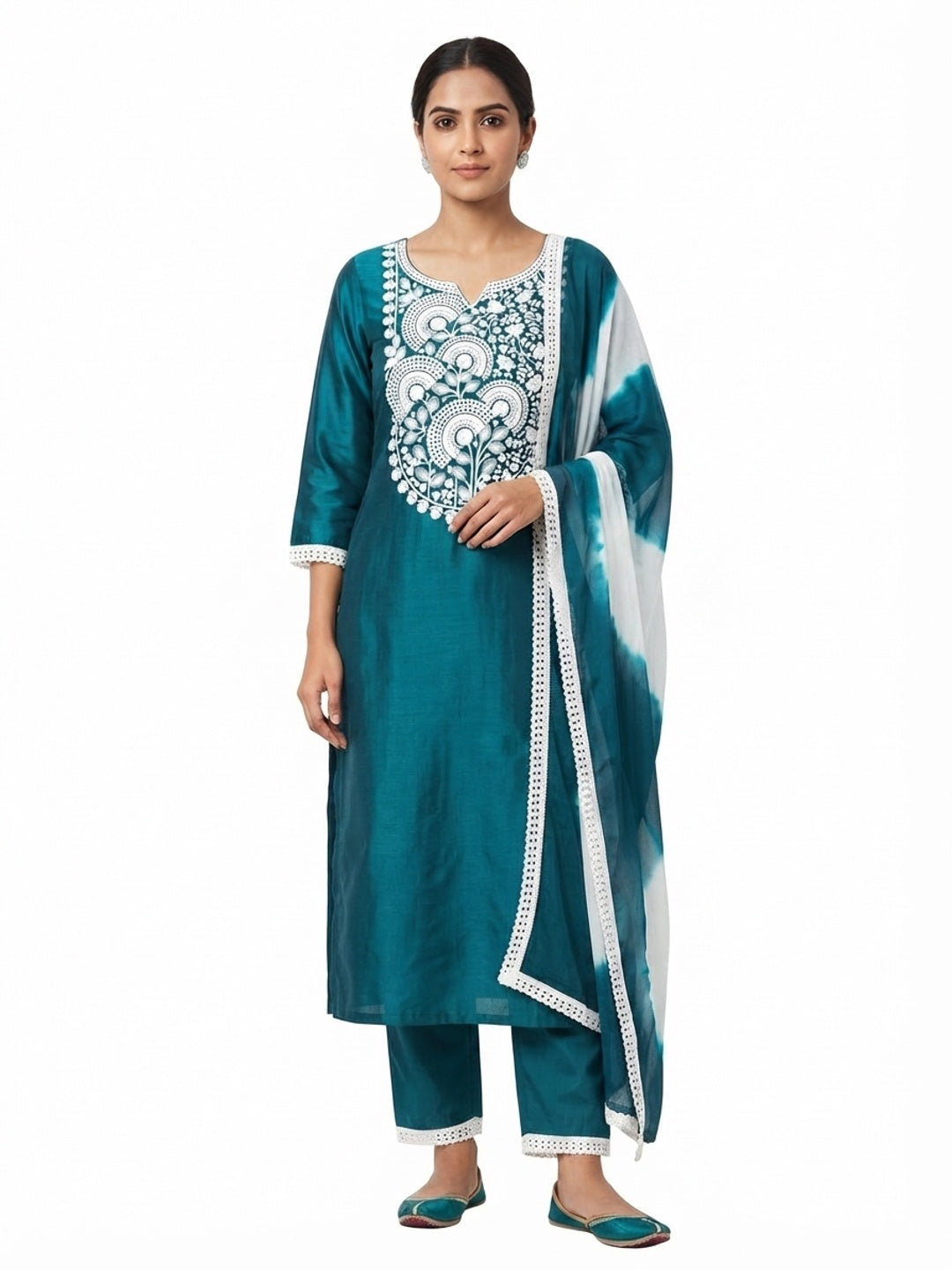 Designer Teal Pure Cotton Dress Material Showcasing Floral Thread Embroidery & Luxe Sequins Work - Flat lay