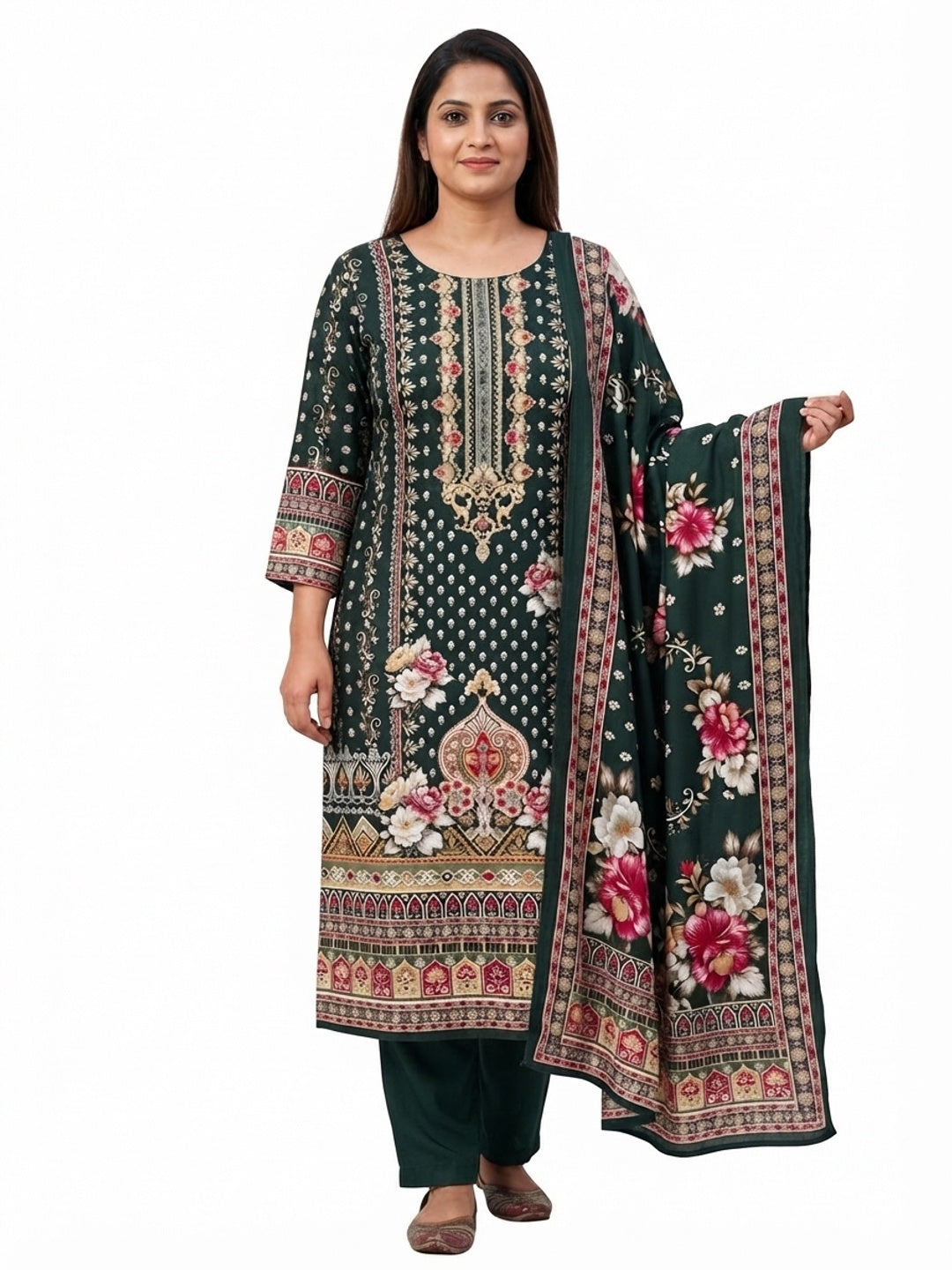 Green Floral Printed Rayon Dress Material Enhanced With Sparkling Swarovski Work - Flat lay
