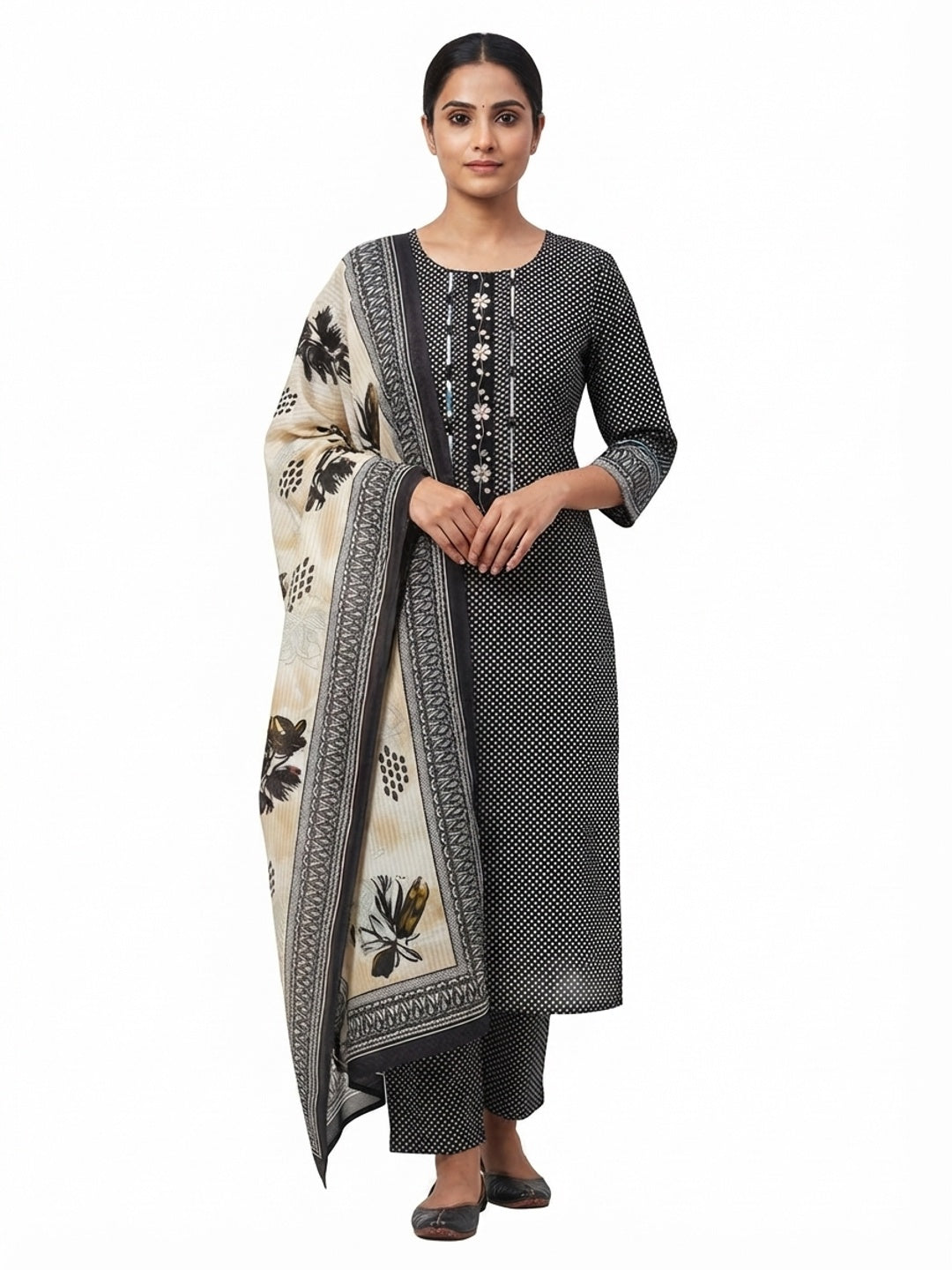 Elegant Black Bandhani Printed Pure Cotton Dress Material Enhanced With Delicate Floral Handwork - Flat lay