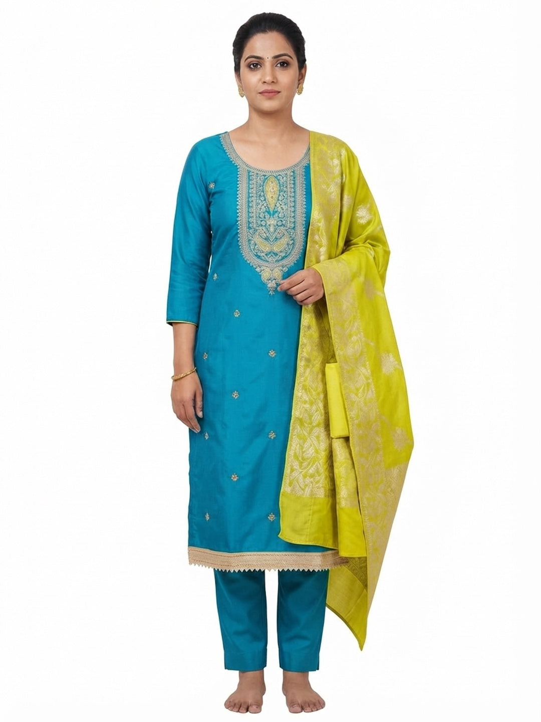 Graceful Blue Silk Blend Dress Material Featuring Floral Cording Embroidery With Sequins Detailing - Flat lay