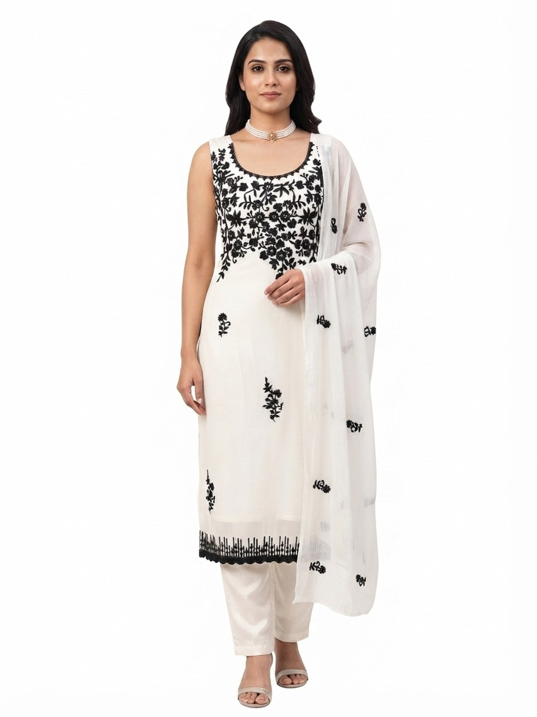 Designer White Floral Embroidered Georgette Material for Stylish Dresses and Outfits - Flat lay