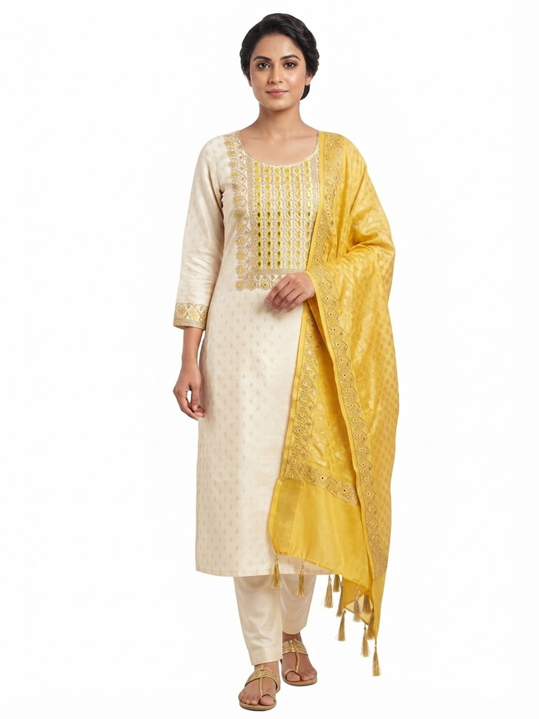 Cream & Yellow Shimmer Dress Material Featuring Butti Weaving With Sequins Cording Embroidery - Flat lay