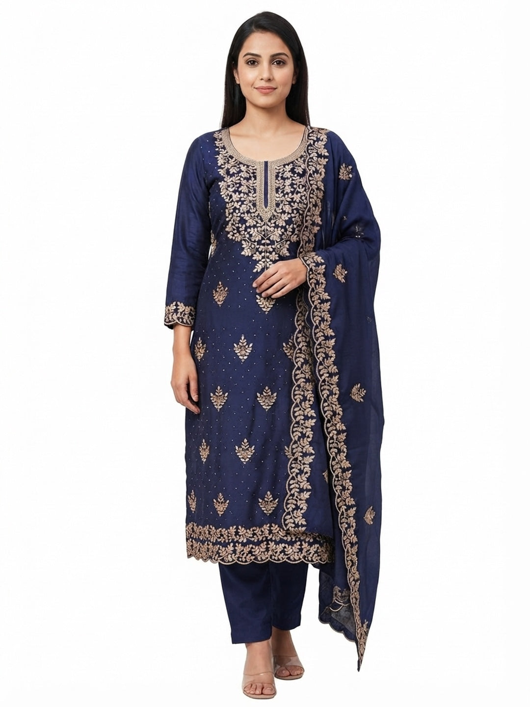 Navy Blue Floral Motif Vichitra Silk Dress Material Featuring Sequins Embroidery & Swarovski Work - Flat lay