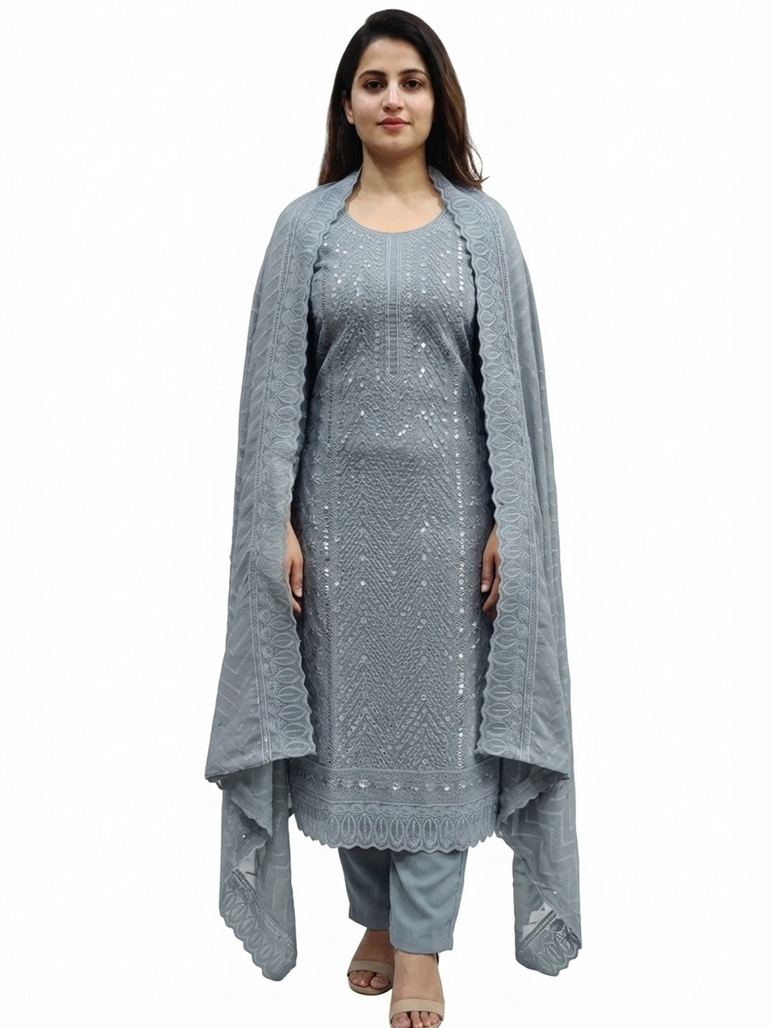 Grey Embroidered Georgette Dress Material - Flat lay