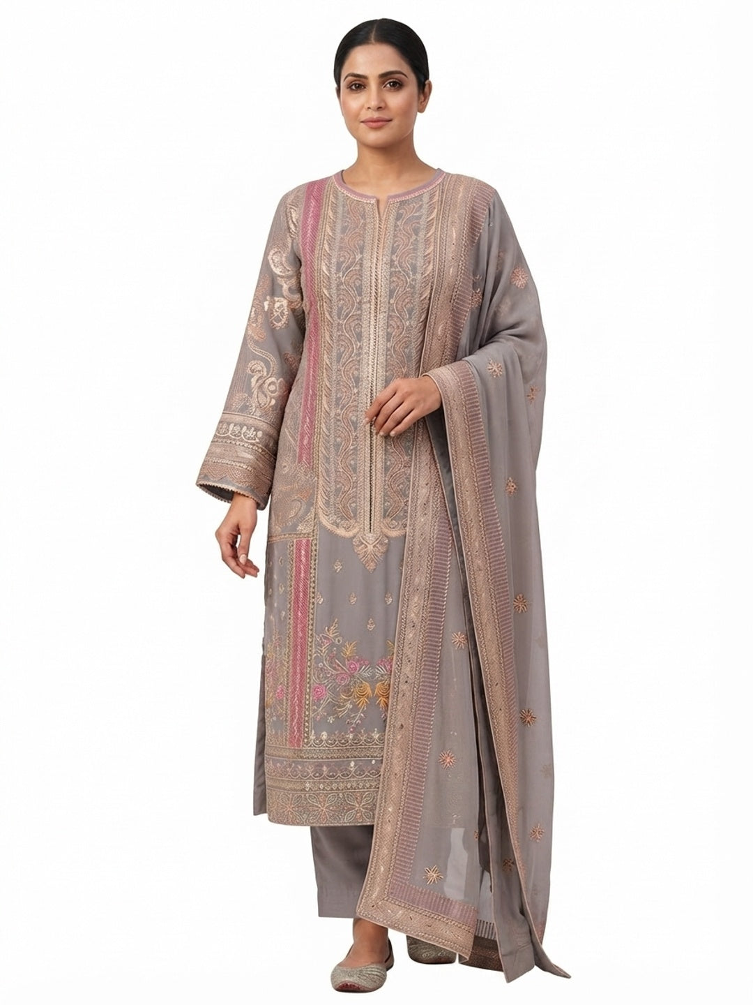Grey Floral Sequins Embroidery Georgette Semi Stitched Pakistani Suit - Flat lay
