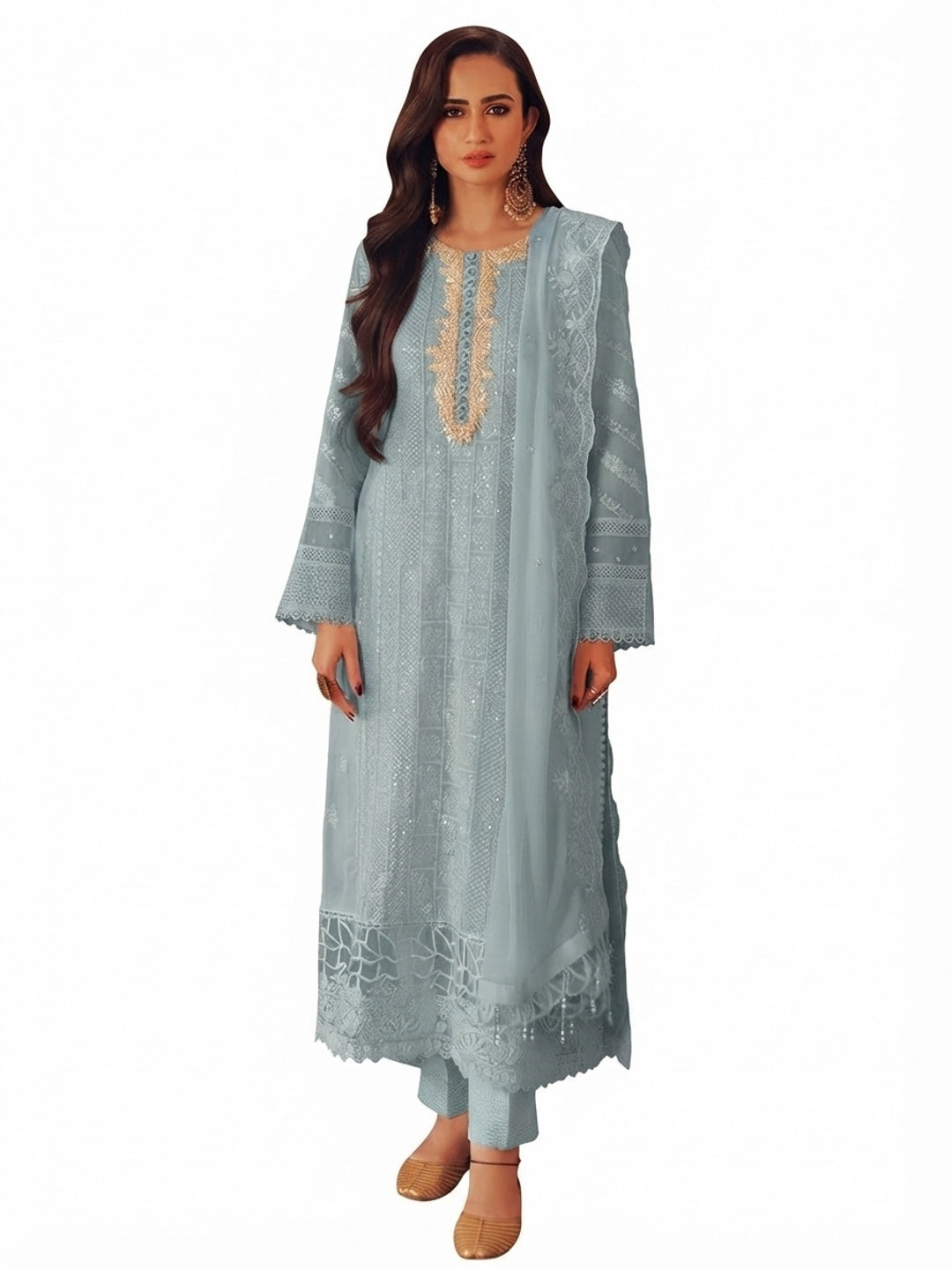 Sea Blue Embroidered Georgette Semi-Stitched Pakistani Suit - Flat lay