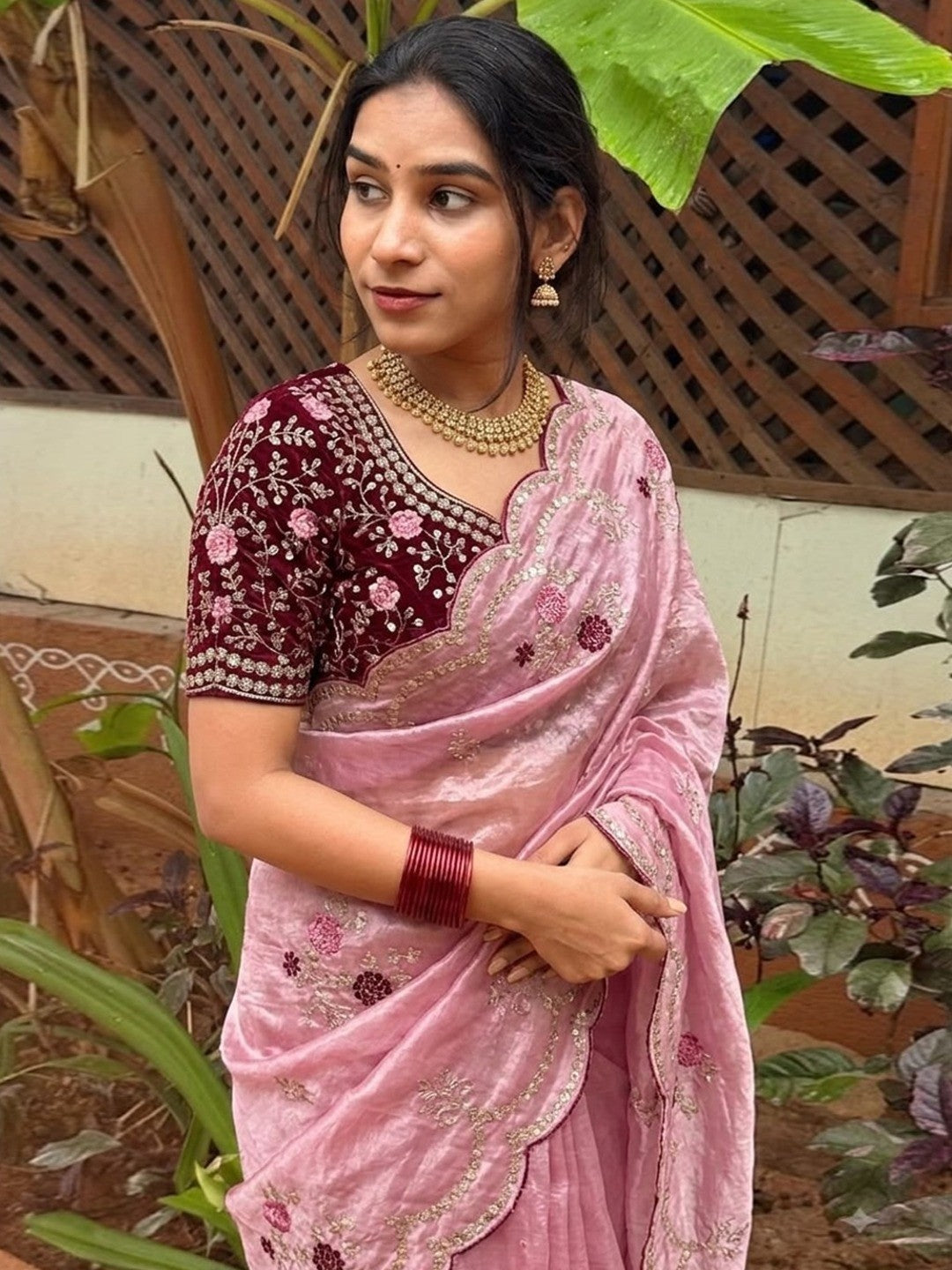 Peachmode Pink Sequin Embroidered Fandy Satin Saree - Image 3
