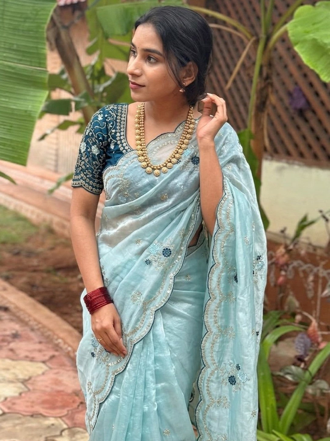 Peachmode Sky Blue Sequin Embroidered Fandy Satin Saree - Image 1