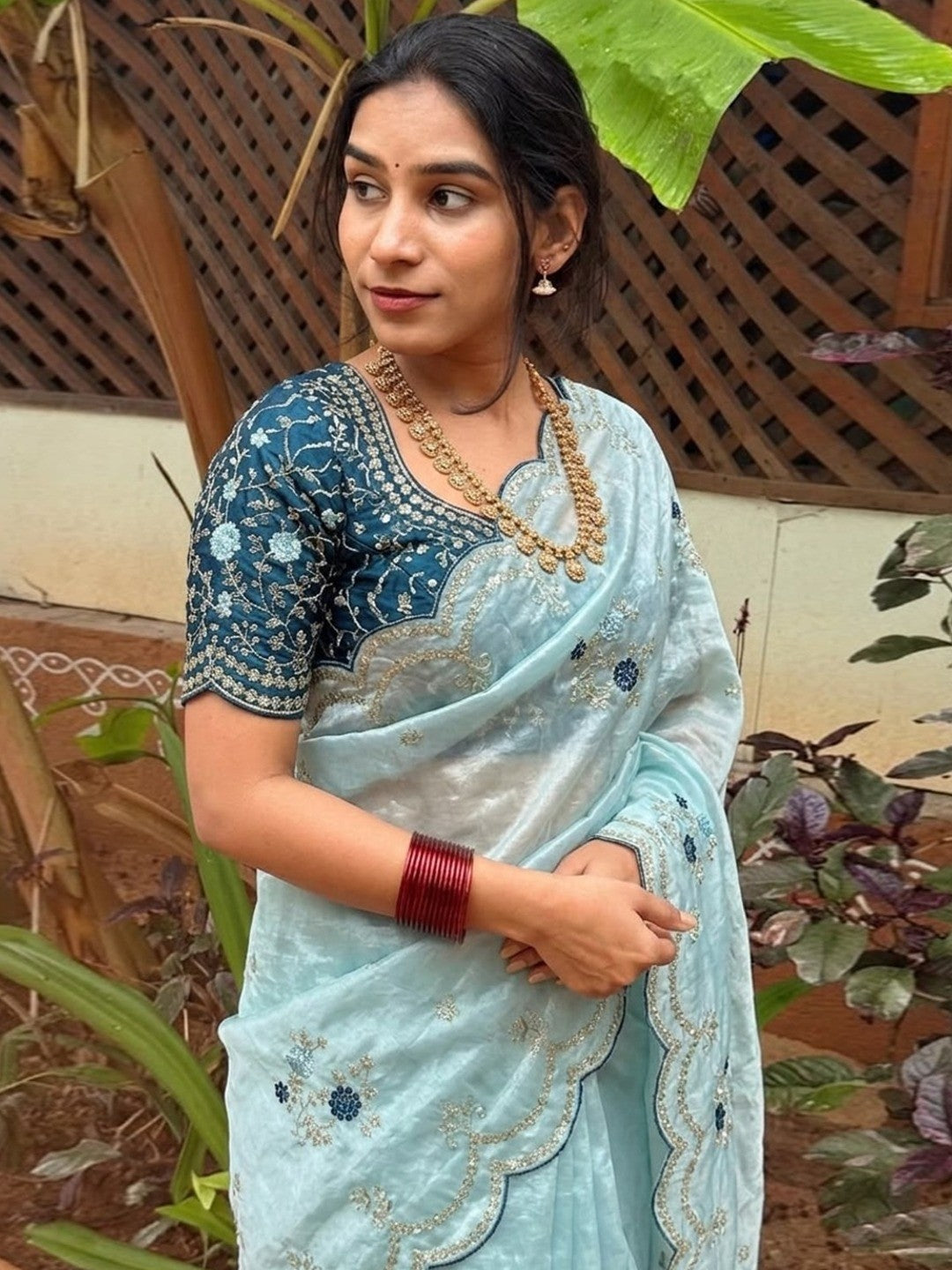 Peachmode Sky Blue Sequin Embroidered Fandy Satin Saree - Image 2