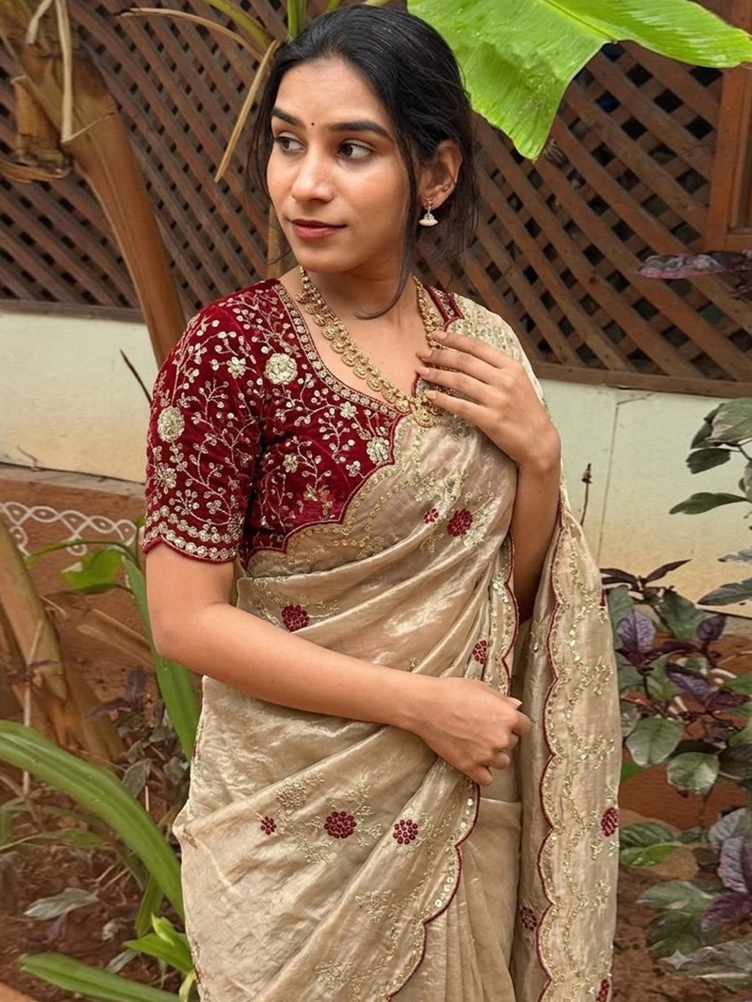 Peachmode Beige Sequin Embroidered Fandy Satin Saree - Image 2