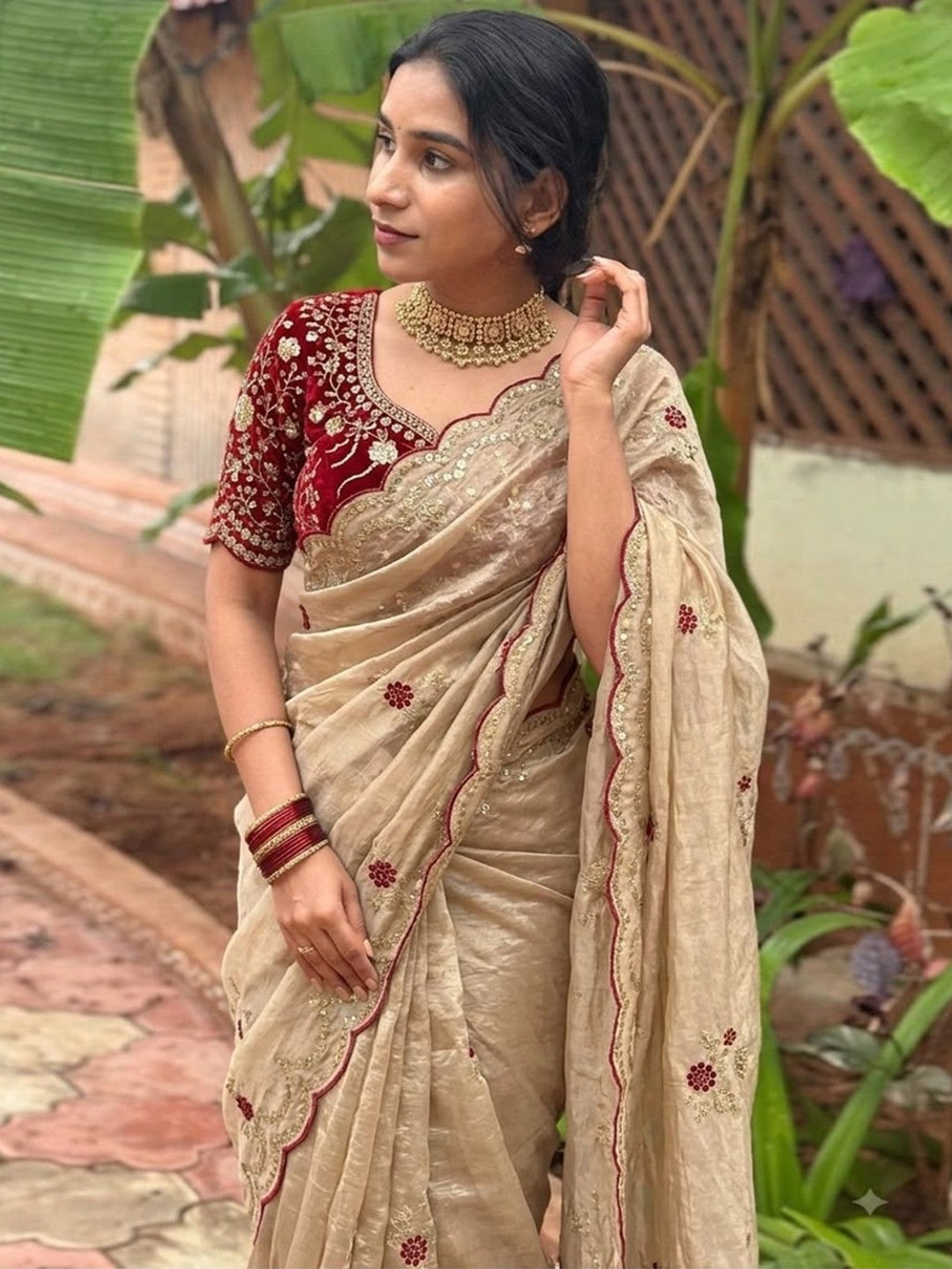 Peachmode Beige Sequin Embroidered Fandy Satin Saree - Image 3
