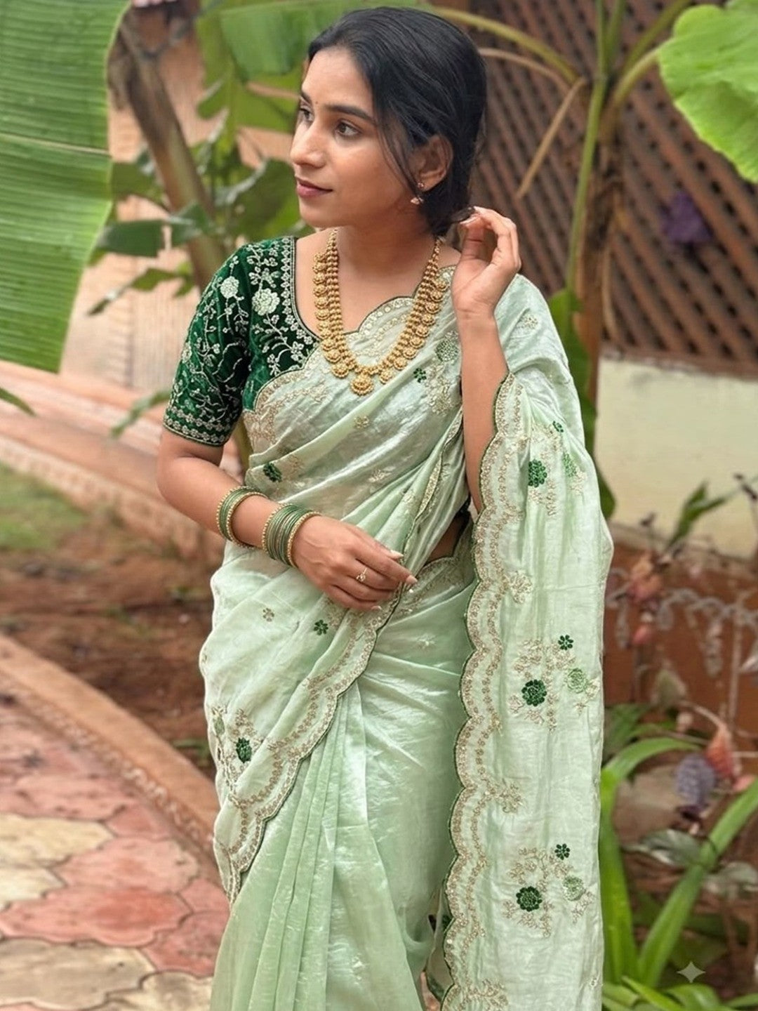 Peachmode Mint Green Sequin Embroidered Fandy Satin Saree - Image 2