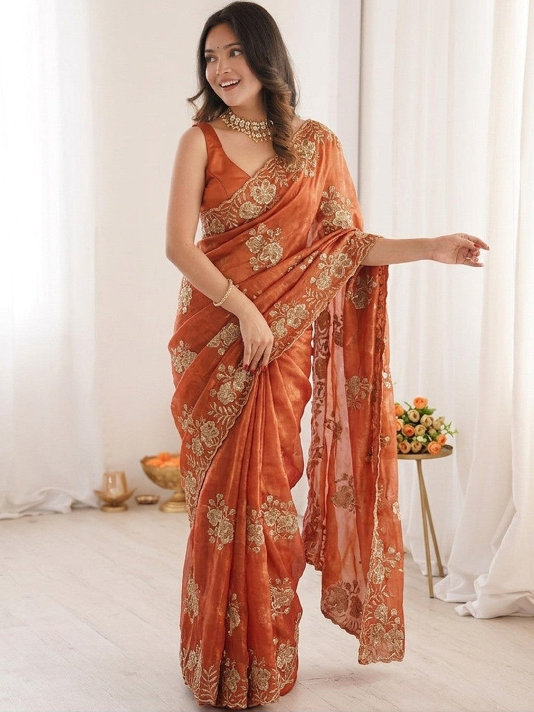Peachmode Orange Beaded Embroidered Fandy Satin Saree - Image 1