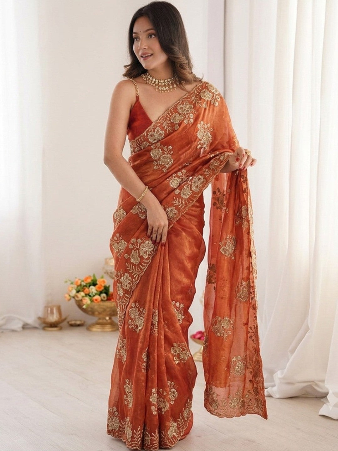 Peachmode Orange Beaded Embroidered Fandy Satin Saree - Image 2