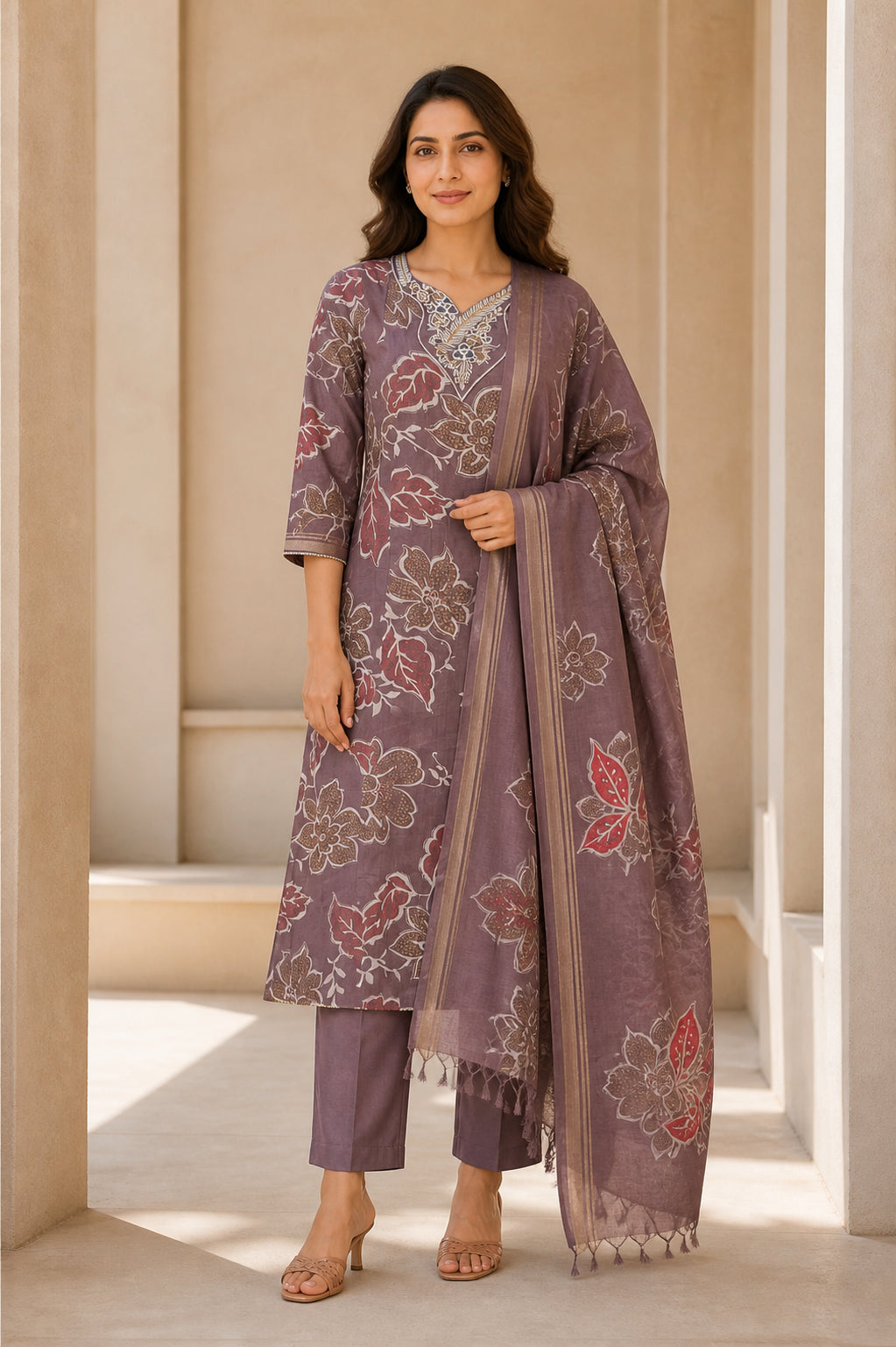 Peachmode Grey Viscose Floral Printed Embroidered Salwar Suit - Image 1