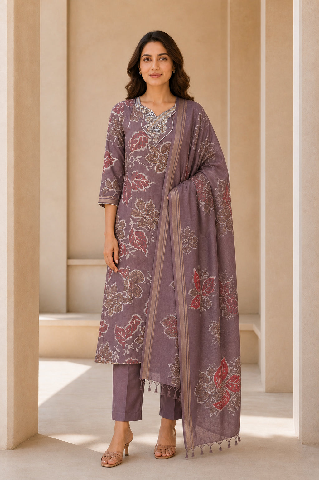 Peachmode Grey Viscose Floral Printed Embroidered Salwar Suit - Image 2