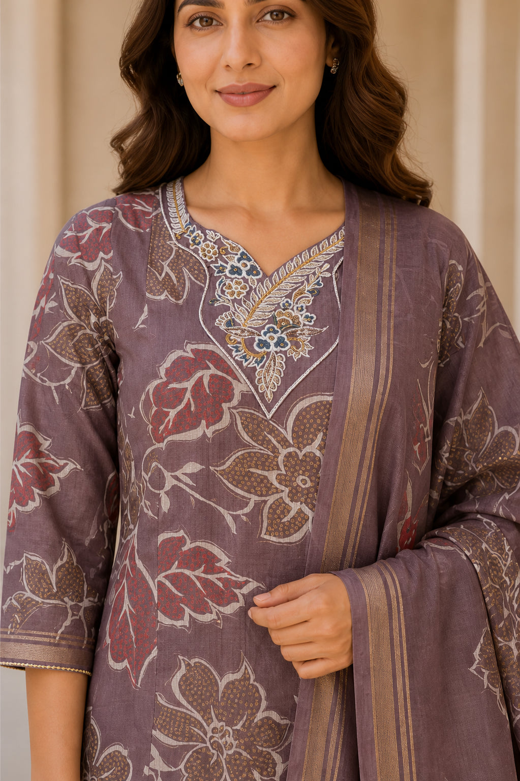 Peachmode Grey Viscose Floral Printed Embroidered Salwar Suit - Image 5