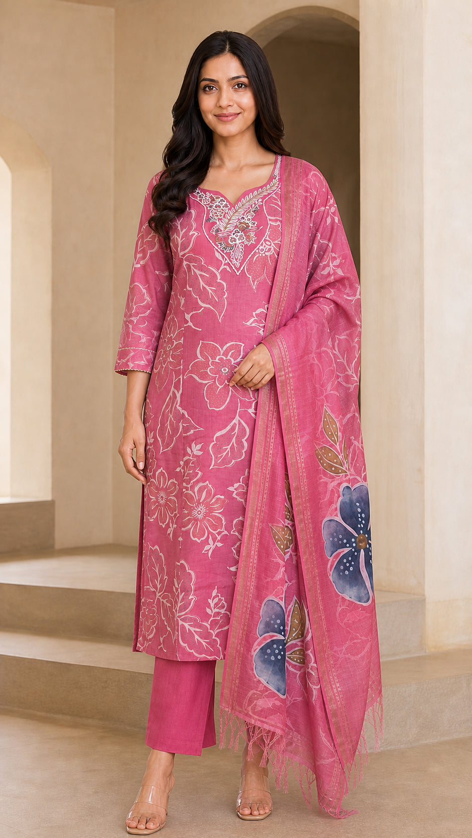 Peachmode Pink Viscose Floral Printed Embroidered Salwar Suit - Image 2