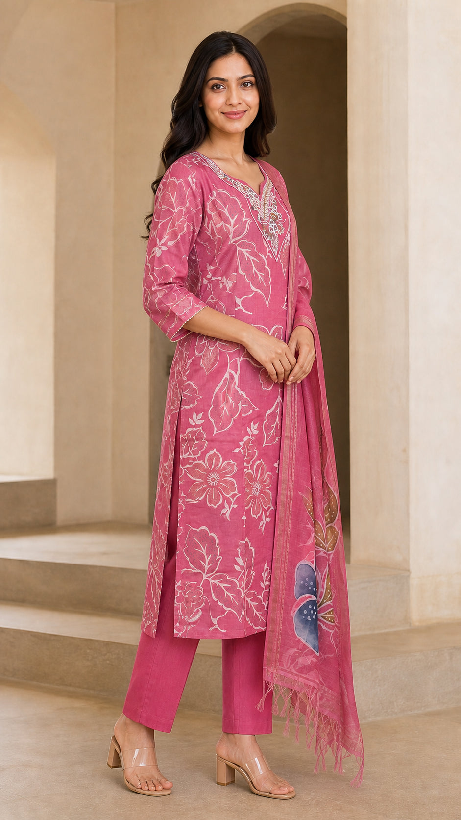 Peachmode Pink Viscose Floral Printed Embroidered Salwar Suit - Image 3