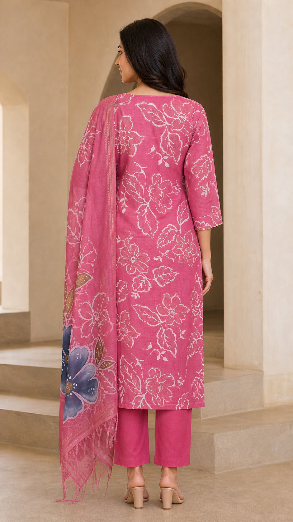 Peachmode Pink Viscose Floral Printed Embroidered Salwar Suit - Image 4