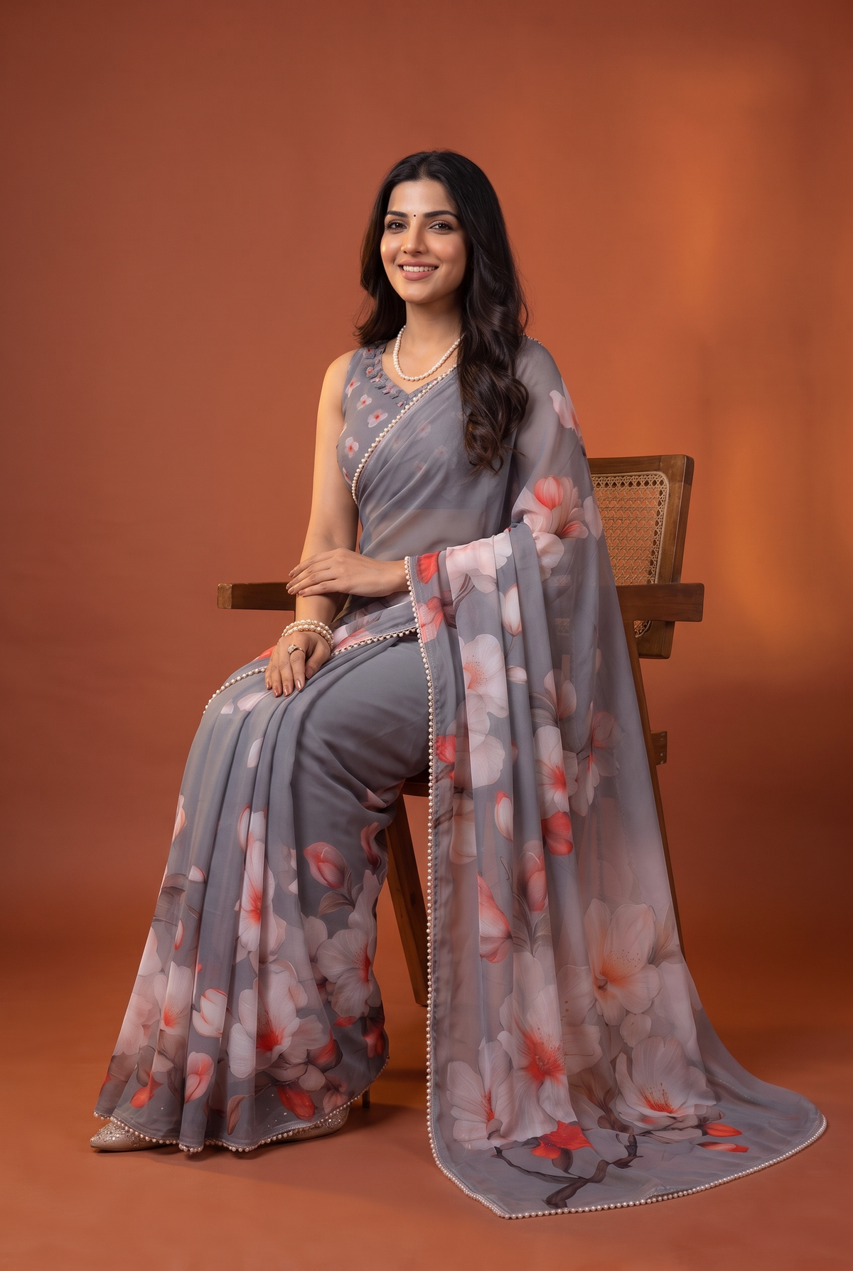Peachmode Grey Floral Digital Print Georgette Saree - Image 5