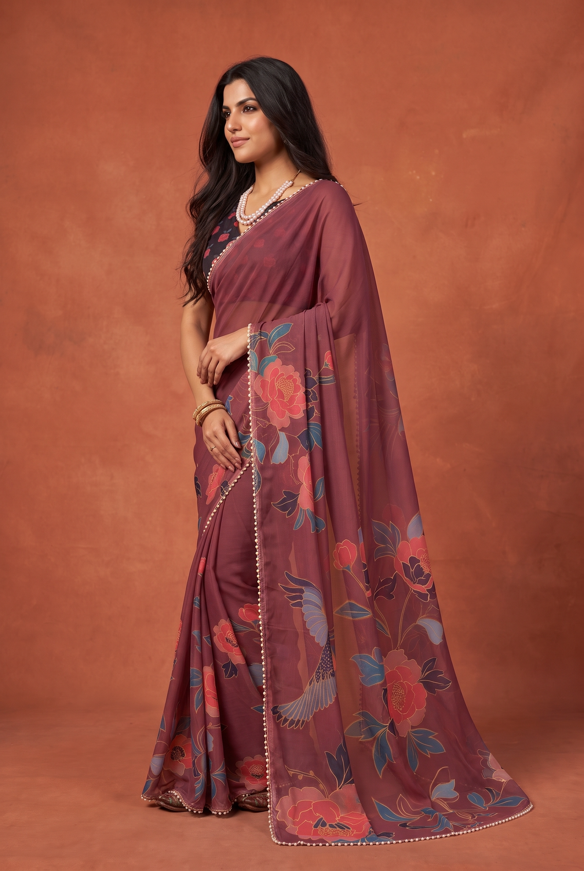 Peachmode Maroon Floral Digital Print Georgette Saree - Image 4