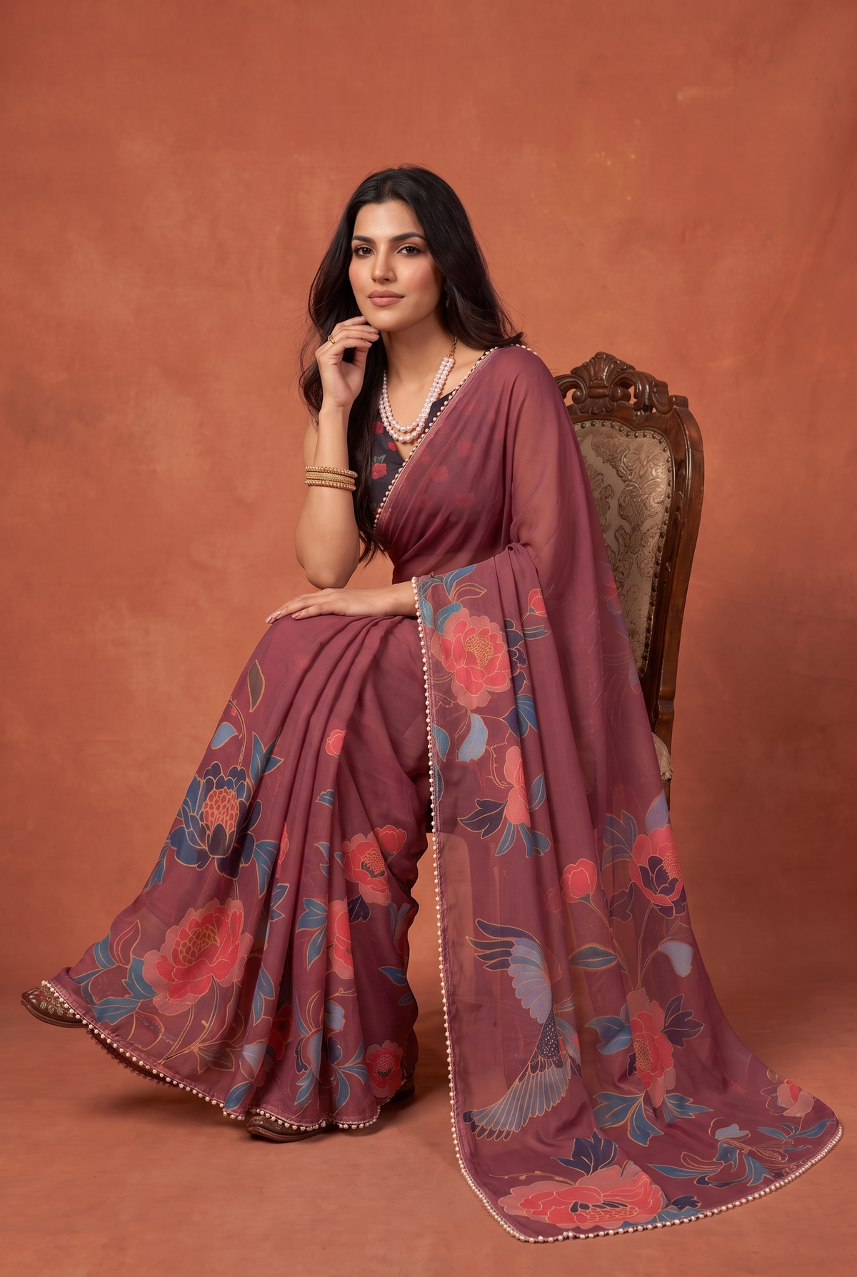 Peachmode Maroon Floral Digital Print Georgette Saree - Image 5