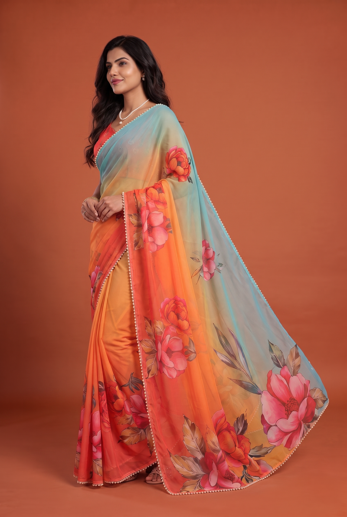 Peachmode Orange Floral Digital Print Georgette Saree - Image 4