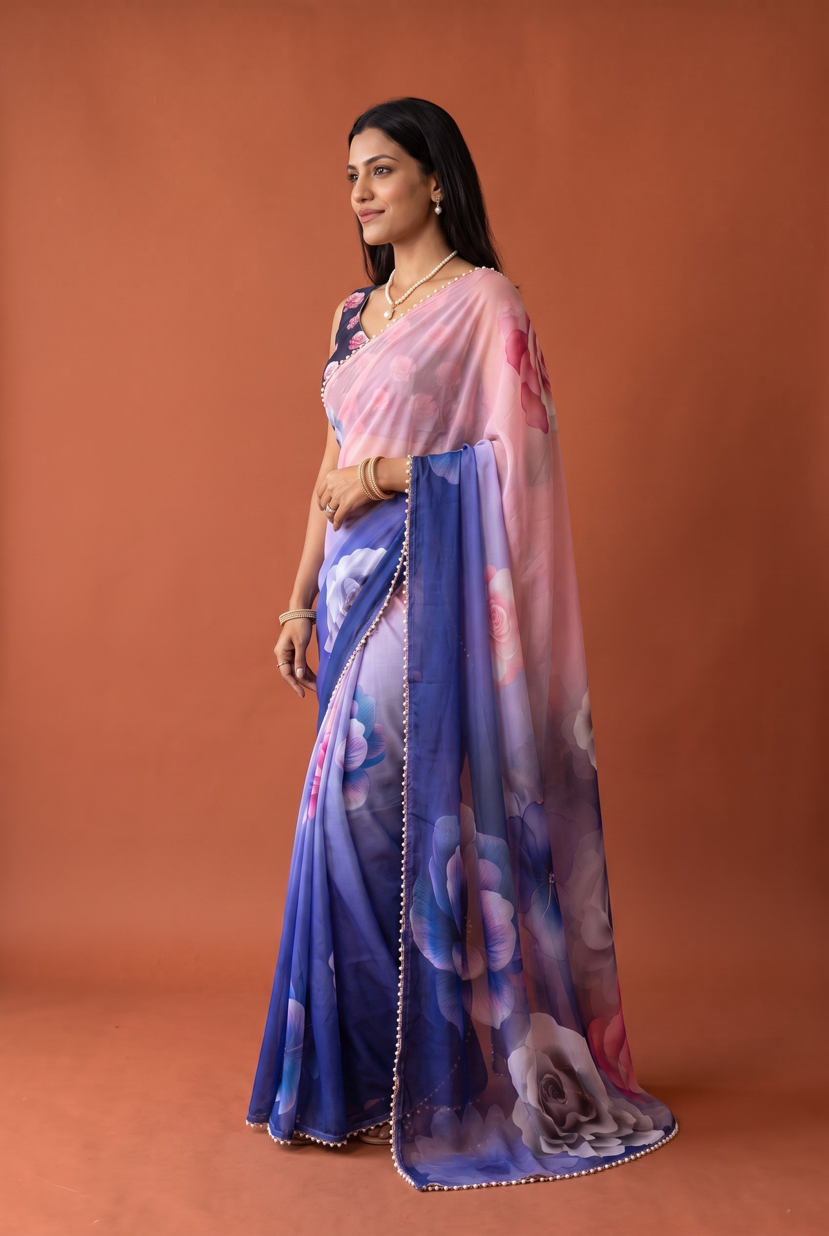 Peachmode Purple Pink Floral Digital Print Georgette Saree - Image 4