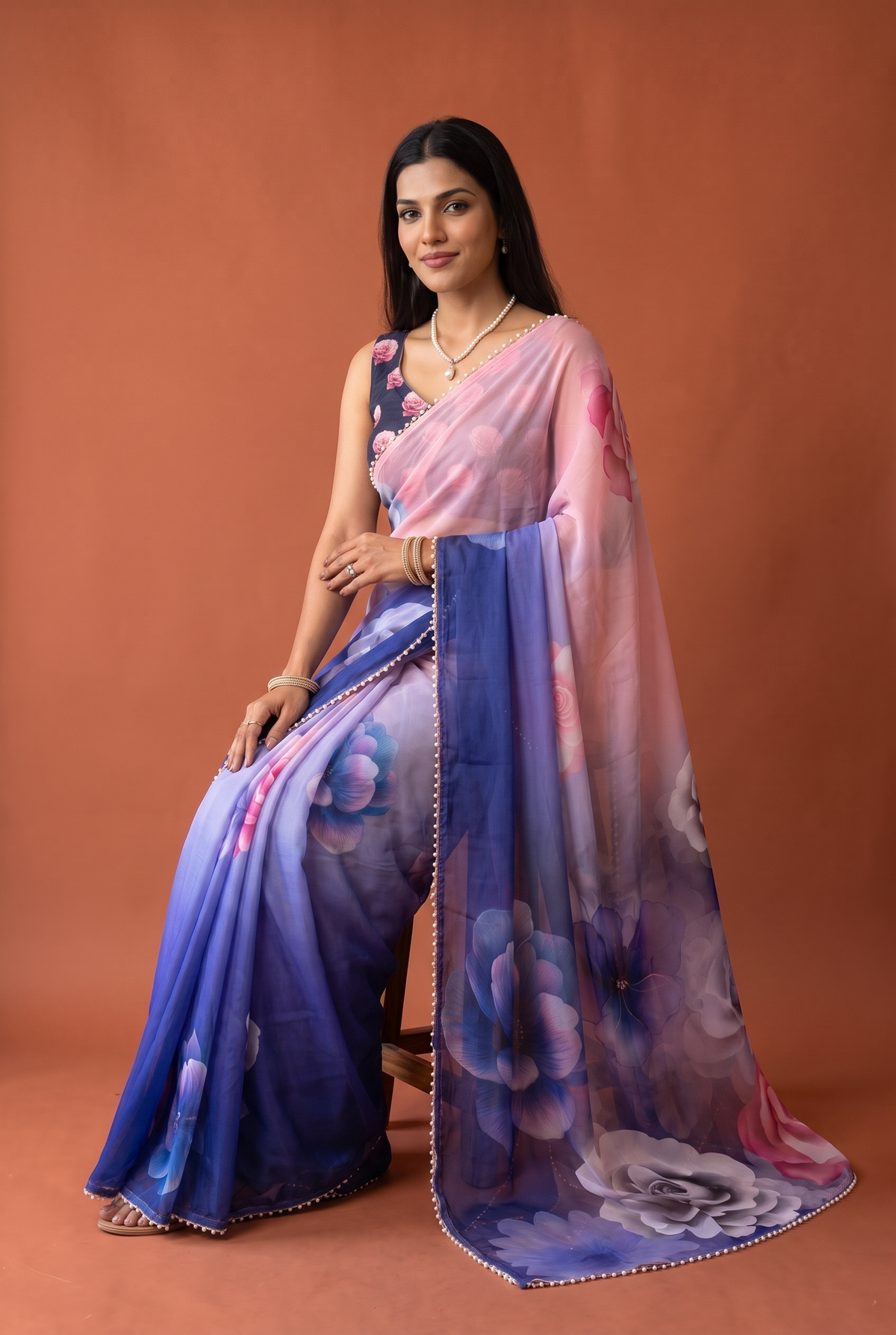 Peachmode Purple Pink Floral Digital Print Georgette Saree - Image 5