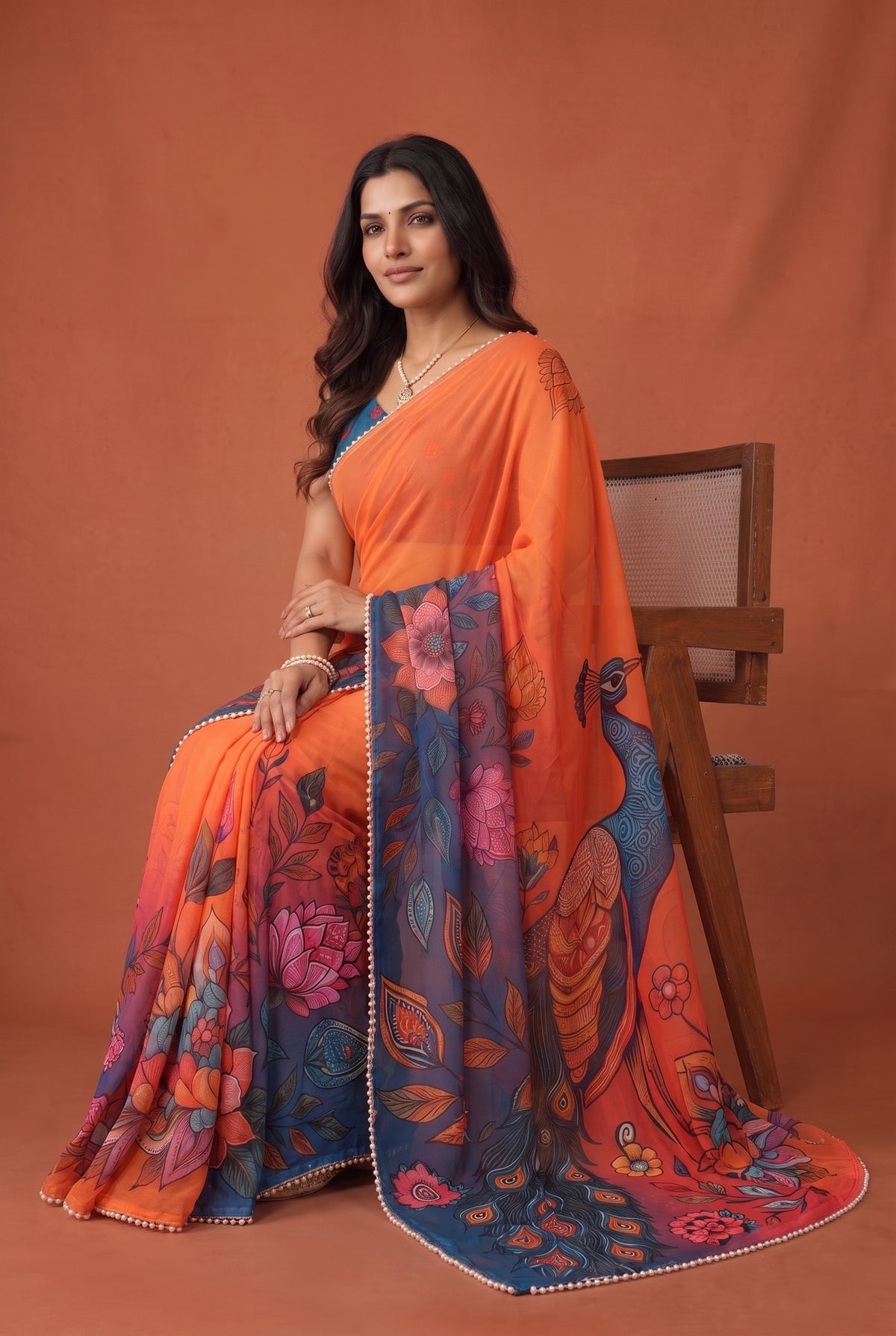 Peachmode Blue & Orange Peacock Digital Print Georgette Saree - Image 5