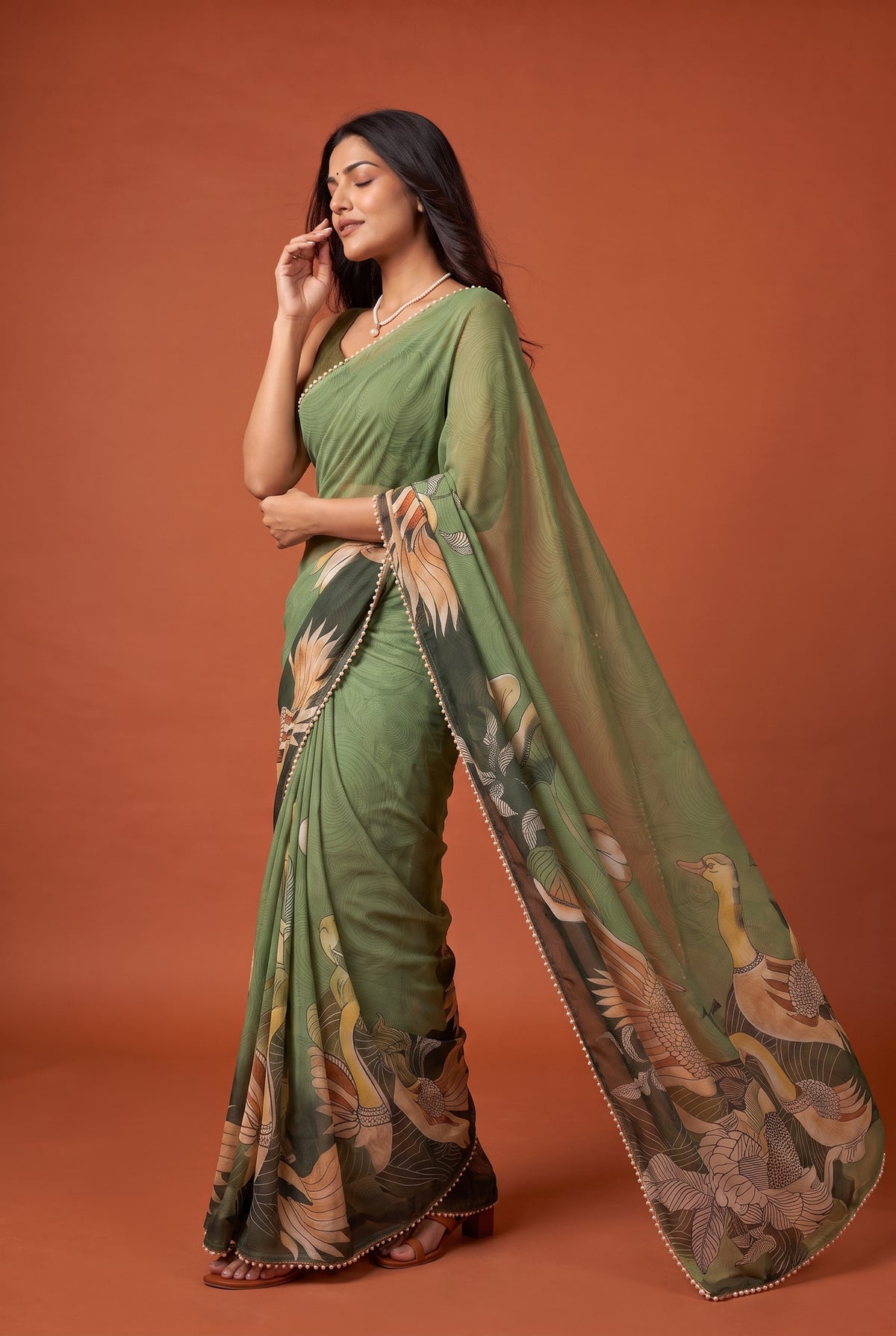 Peachmode Green Peacock Digital Print Georgette Saree - Image 4