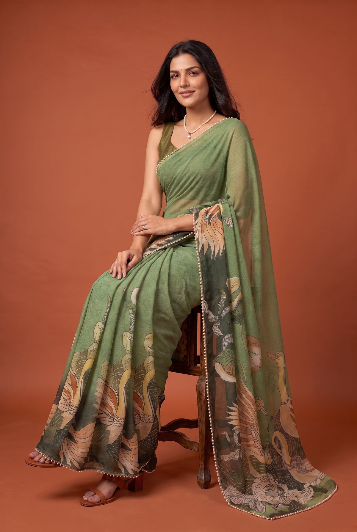Peachmode Green Peacock Digital Print Georgette Saree - Image 5