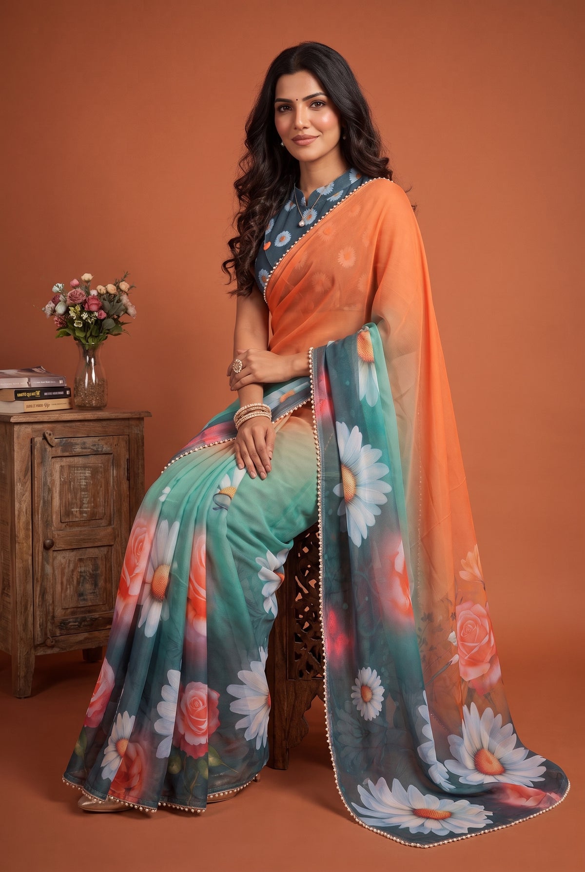 Peachmode Teal Blue Floral Digital Print Georgette Saree - Image 4