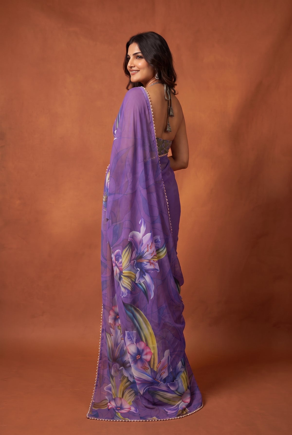 Peachmode Purple Floral Digital Print Georgette Saree - Image 4