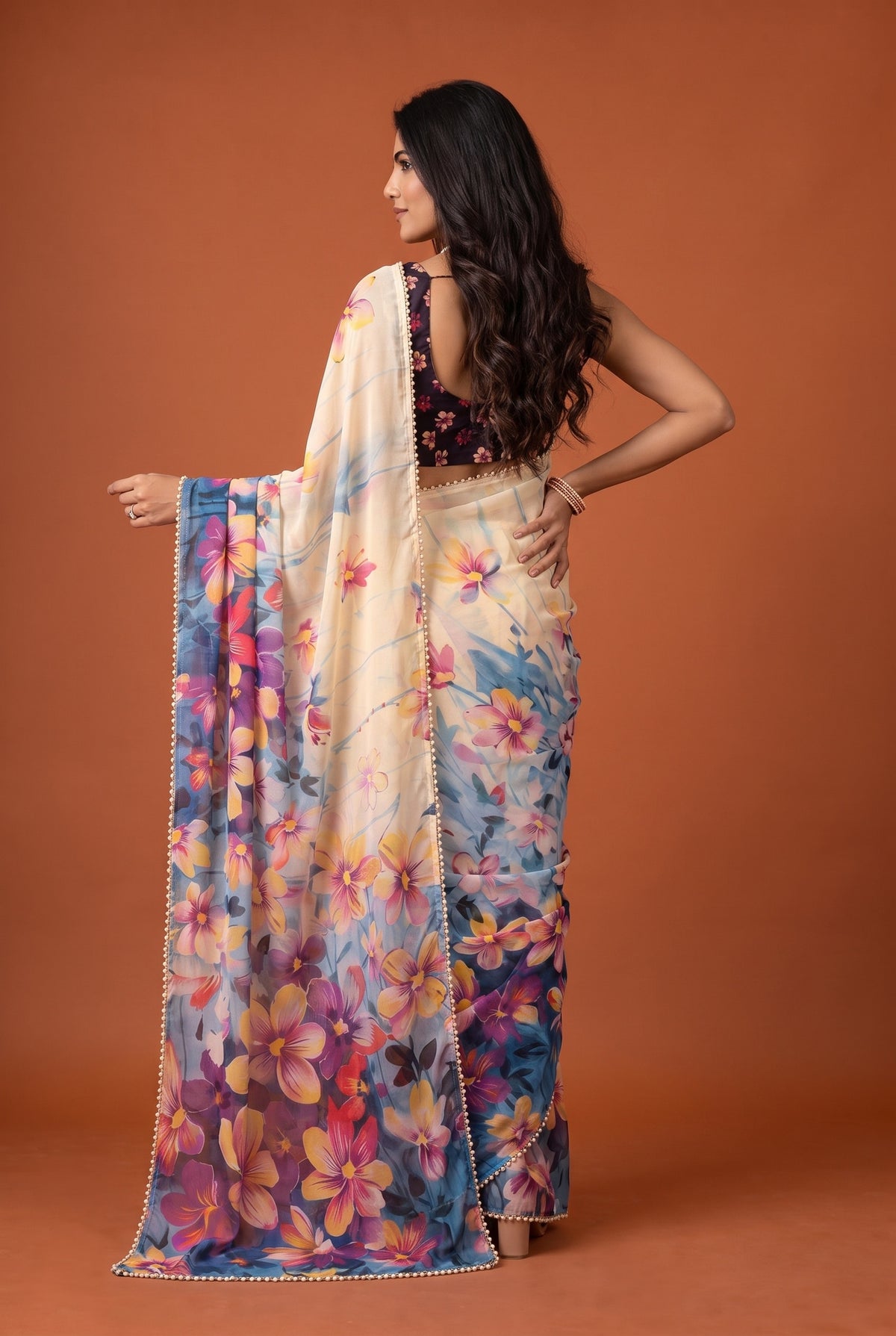 Peachmode Ivory Multicolor Floral Digital Print Georgette Saree - Image 3