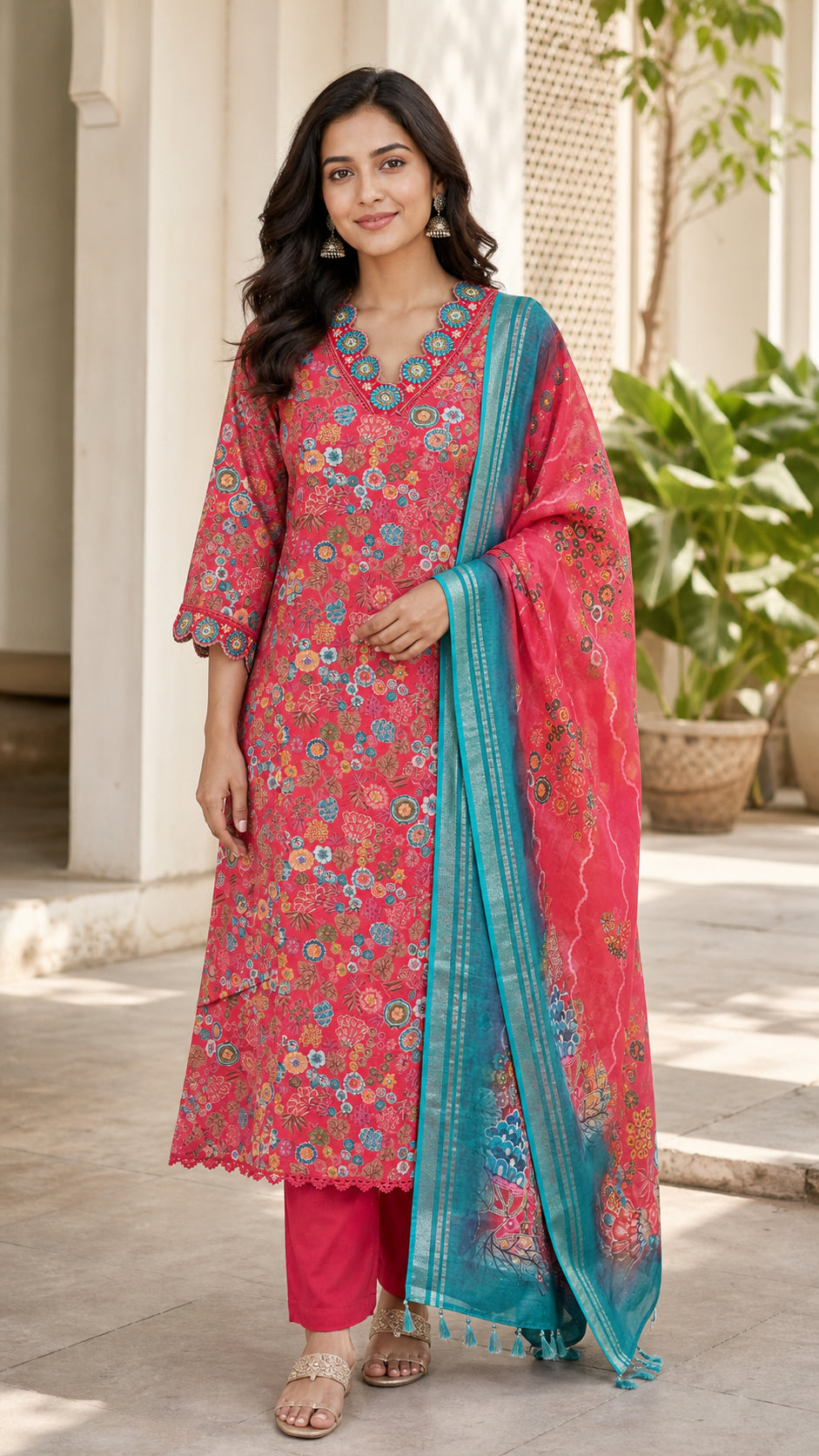 Peachmode Red Viscose Floral Printed Embroidered Salwar Suit - Image 1