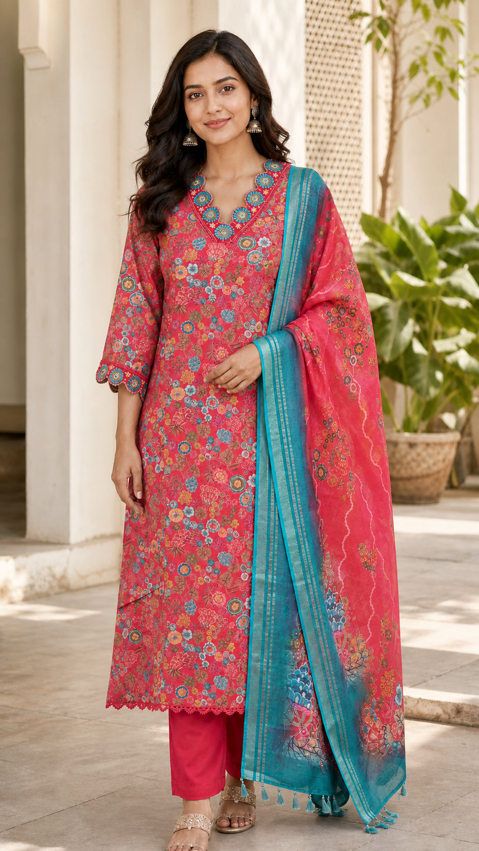 Peachmode Red Viscose Floral Printed Embroidered Salwar Suit - Image 2