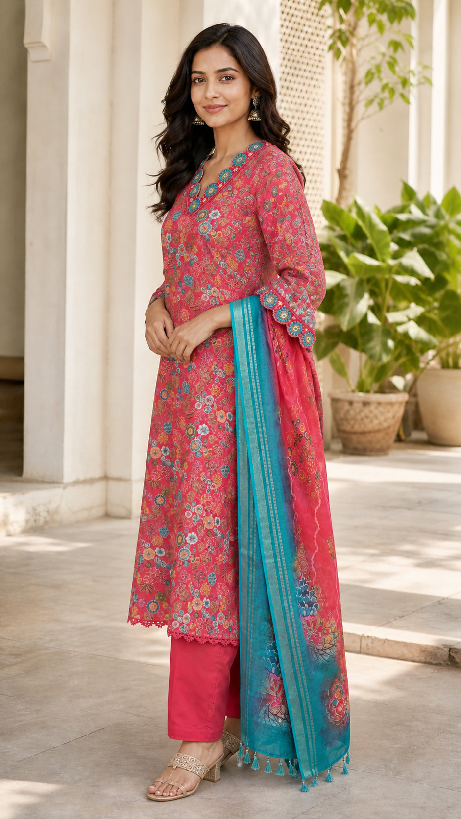 Peachmode Red Viscose Floral Printed Embroidered Salwar Suit - Image 3