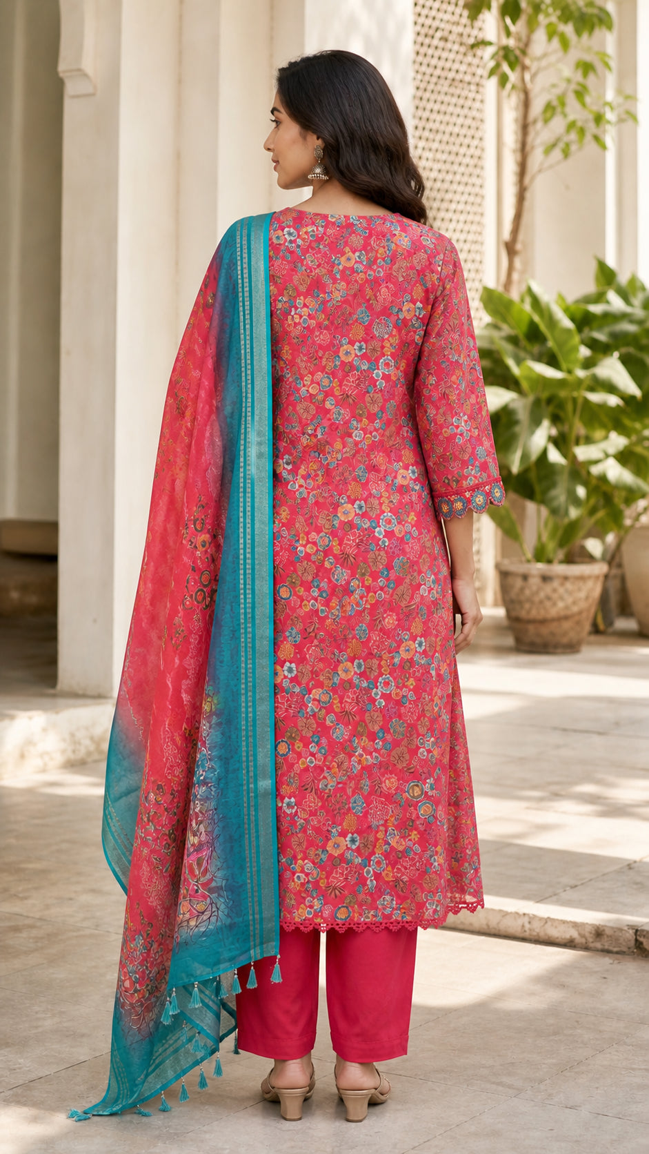 Peachmode Red Viscose Floral Printed Embroidered Salwar Suit - Image 4