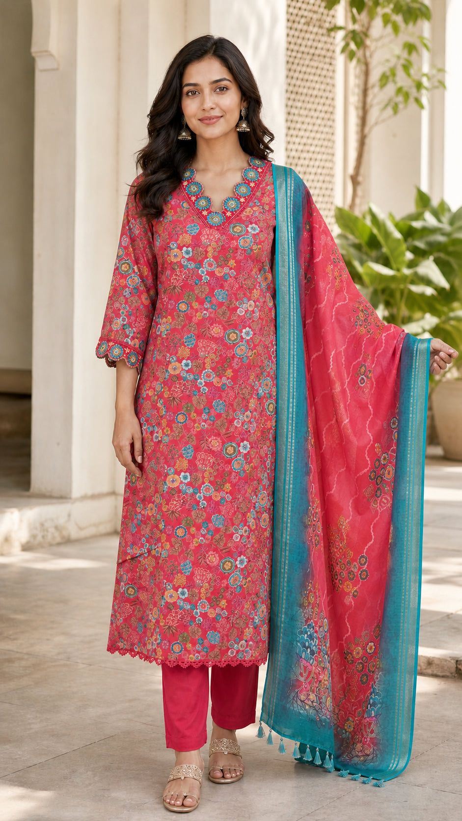 Peachmode Red Viscose Floral Printed Embroidered Salwar Suit - Image 5