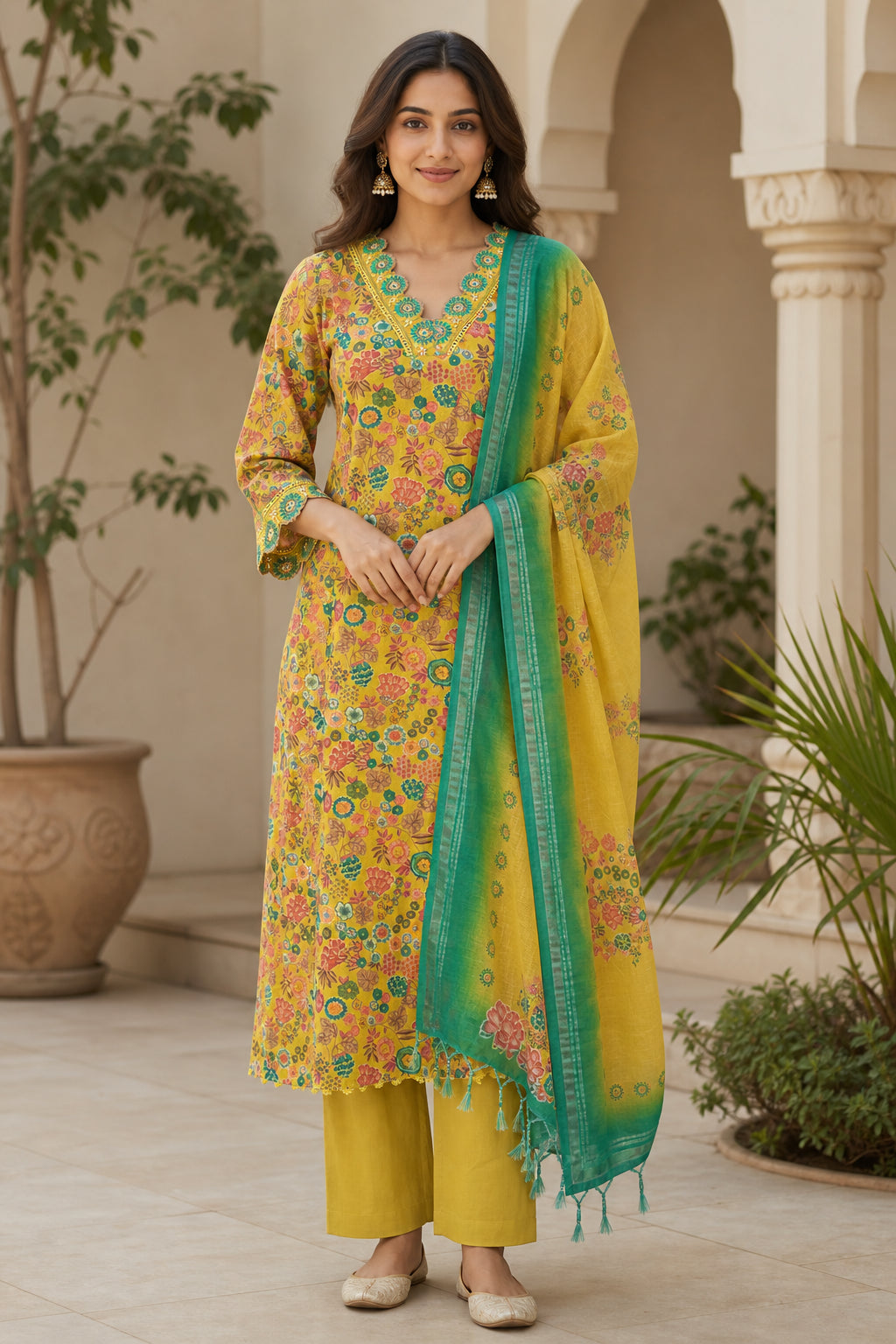Peachmode Pista Green Viscose Floral Printed Embroidered Salwar Suit - Image 1