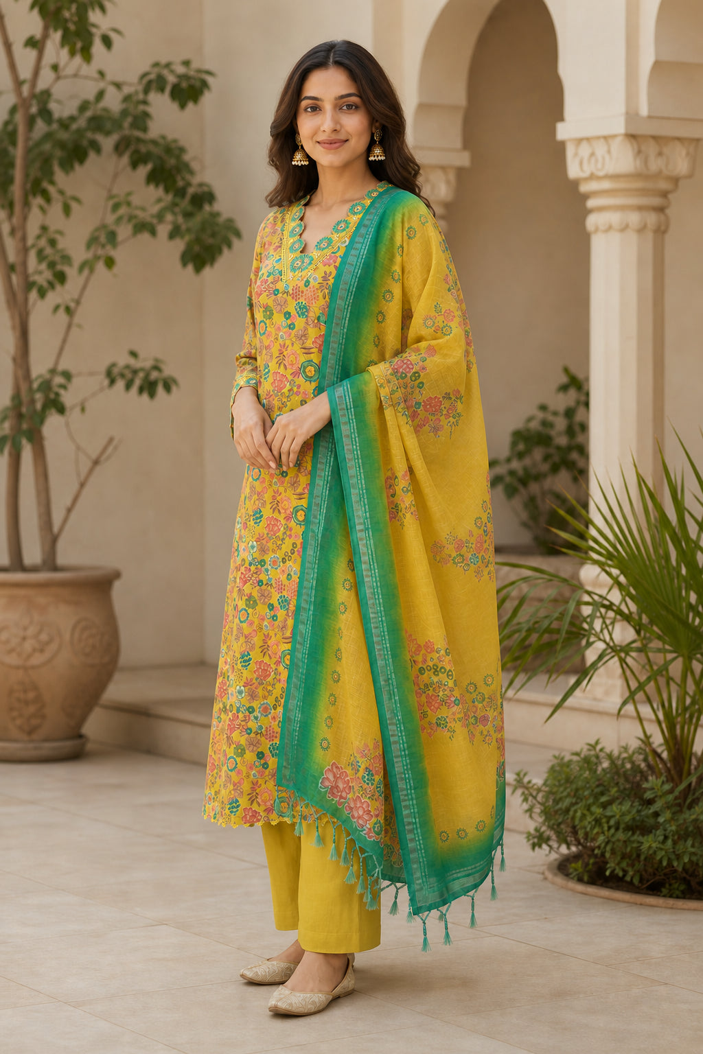 Peachmode Pista Green Viscose Floral Printed Embroidered Salwar Suit - Image 3