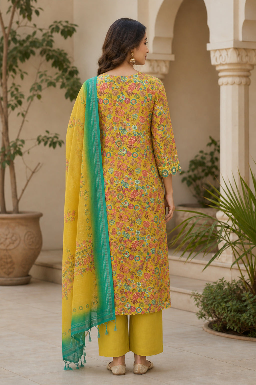 Peachmode Pista Green Viscose Floral Printed Embroidered Salwar Suit - Image 4