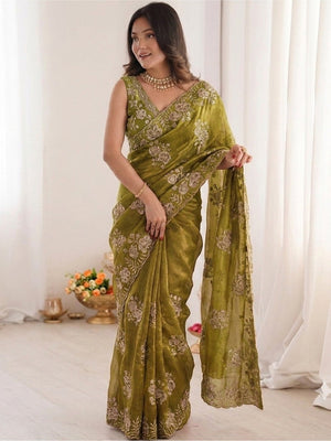 Peachmode Olive Green Beaded Embroidered Fandy Satin Saree - Image 2