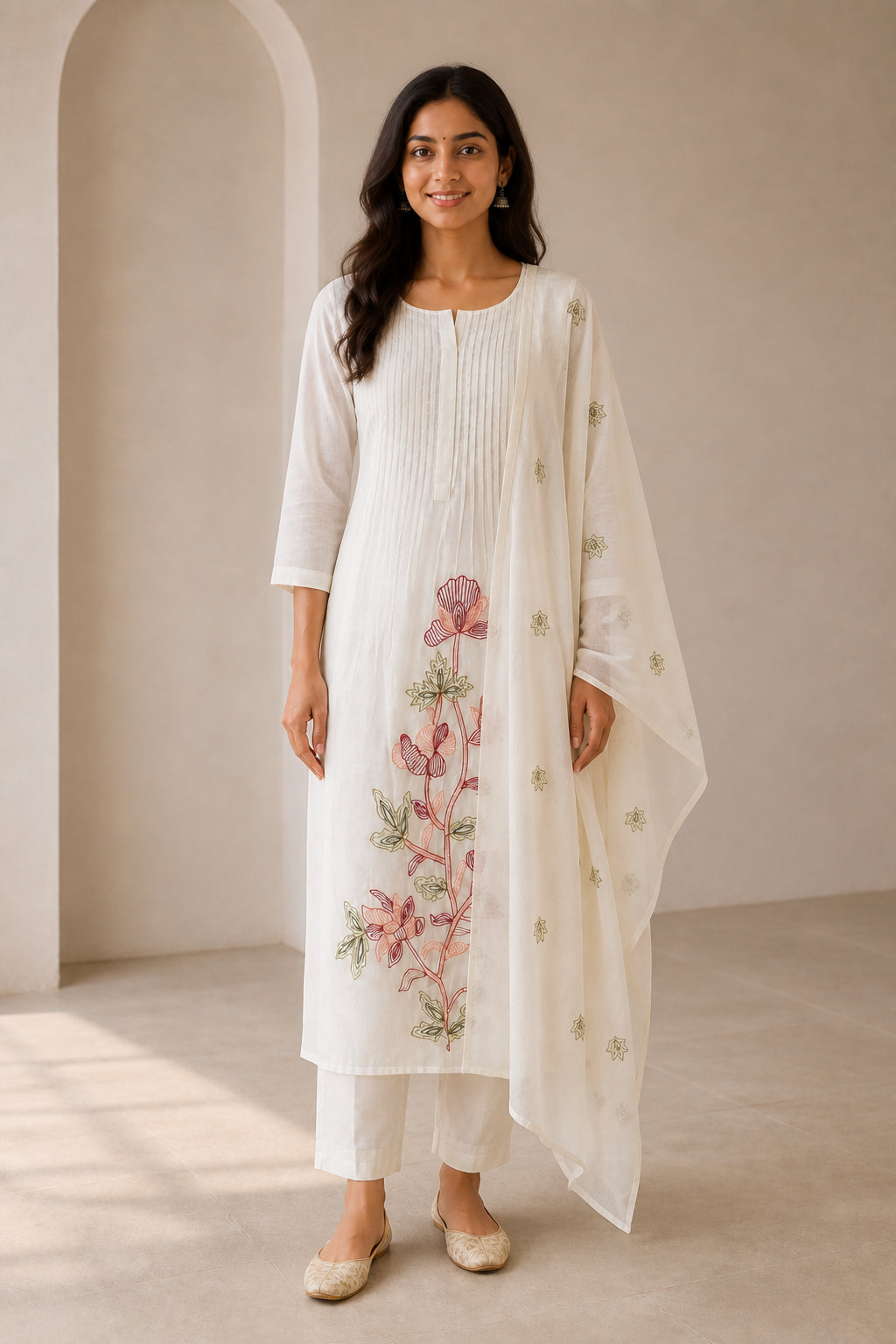 Peachmode Cream Chanderi Cotton Floral Embroidered Salwar Suit - Image 2